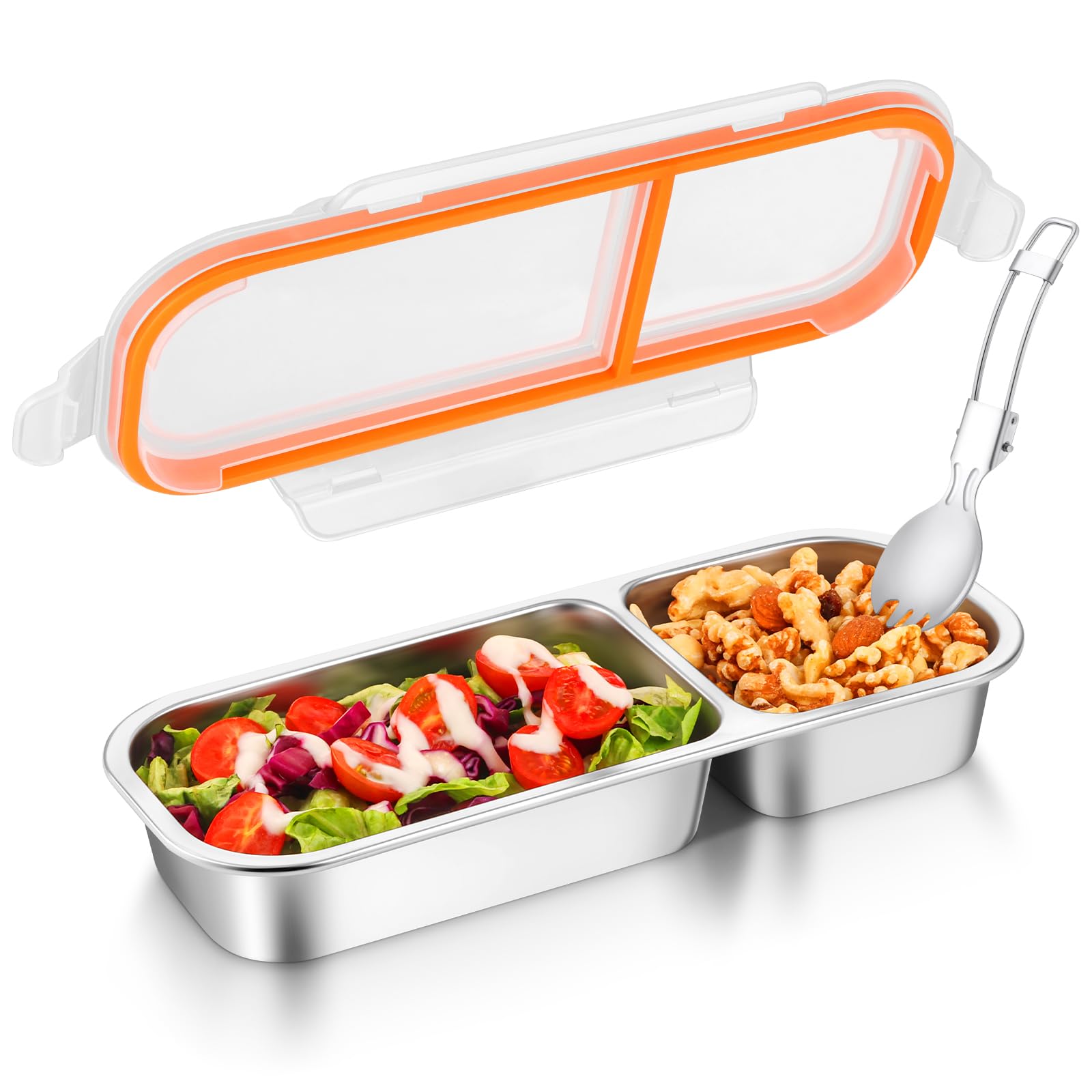 Stainless Steel Snack Containers with Lids & Spork, Reusable 2 Compartment Condiment Boxes, Divided Grab Food Storage Containers, Sauce Cups for Home, Travel (2 Compartments)-picture-30