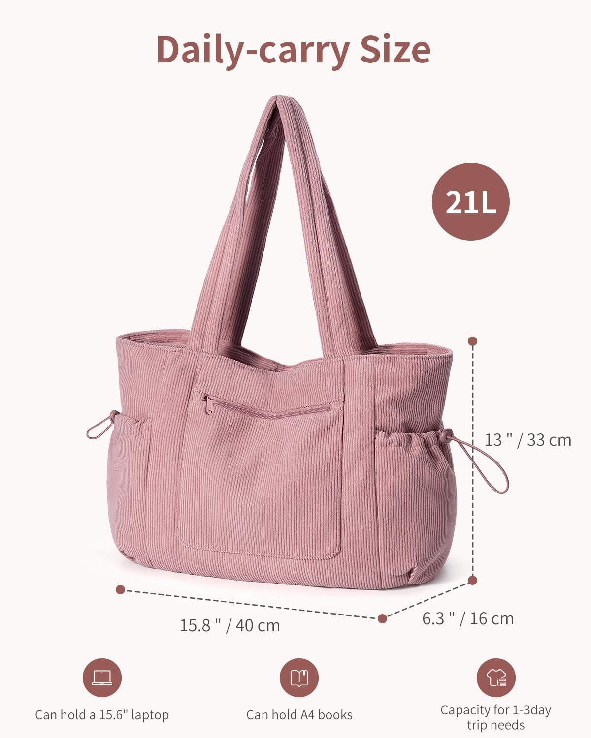 ECOHUB Large Corduroy Tote Bag for Women with Cup Holder & Luggage Sleeve & Laptop Compartment for Work Travel College Casual - Image 8