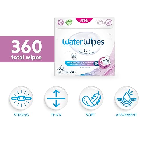 Miniatura 5 de WaterWipes Toallitas de higiene corporal e íntima sensibles para el cuidado de adultos, 360 toallitas (12 paquetes), textura extra grande, 99.9% a