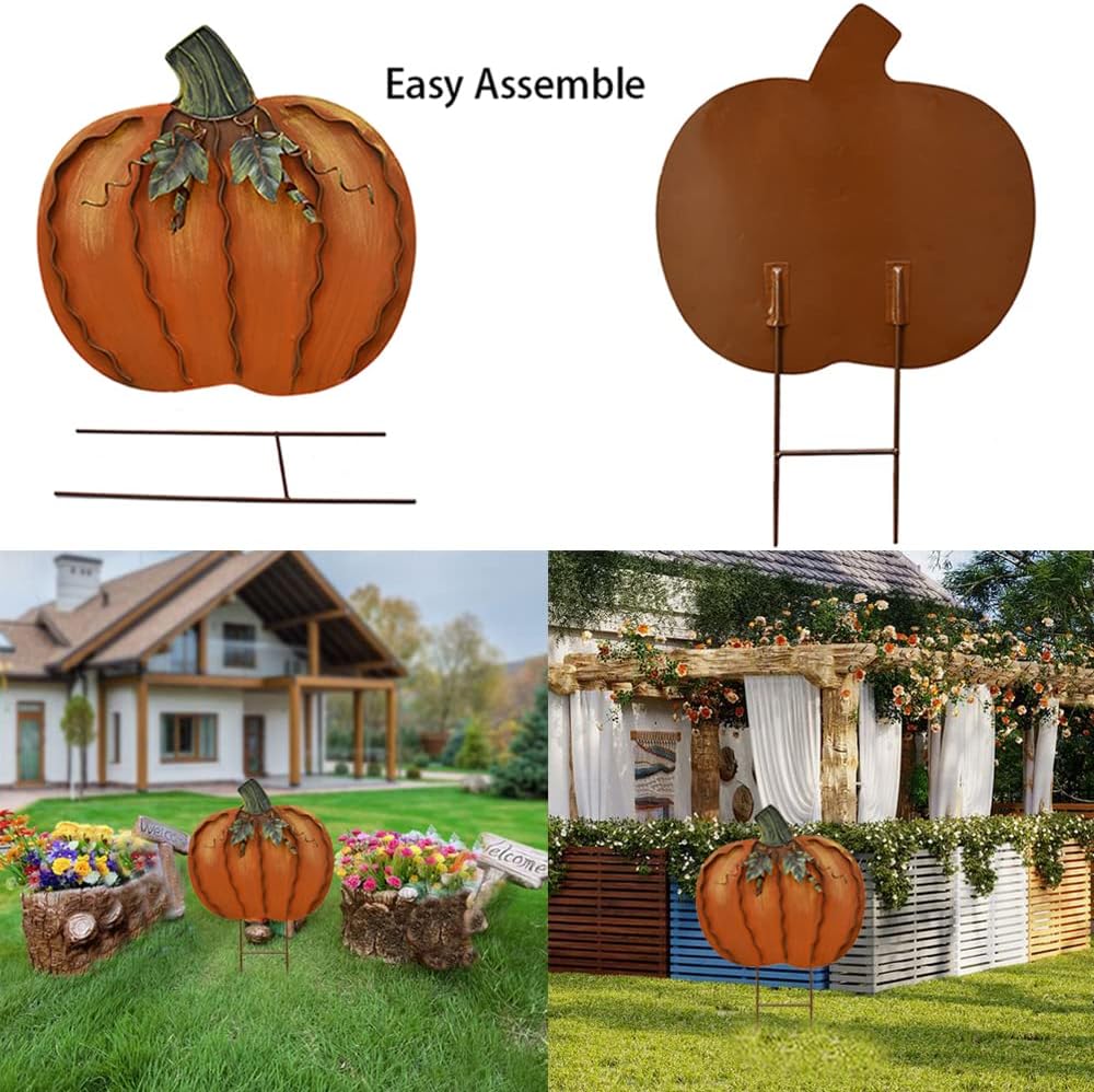 Veclotch 2SET Pumpkin Garden Stake Metal Yard Sign Fall Decor, Decorative Decor Outdoor Stakes for Autumn Harvest Thanksgiving Halloween Rustic Decoration Home (Orange, 17'H)
