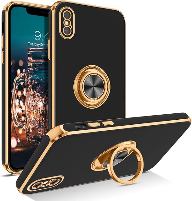 BENTOBEN iPhone X Case with Ring, iPhone XS Phone Cases, Holder Edge Plating Rotation Kickstand Soft Silicone TPU Bumper Slim Flexible Shockproof Protective Cover for iPhone X/XS 5.8 Black