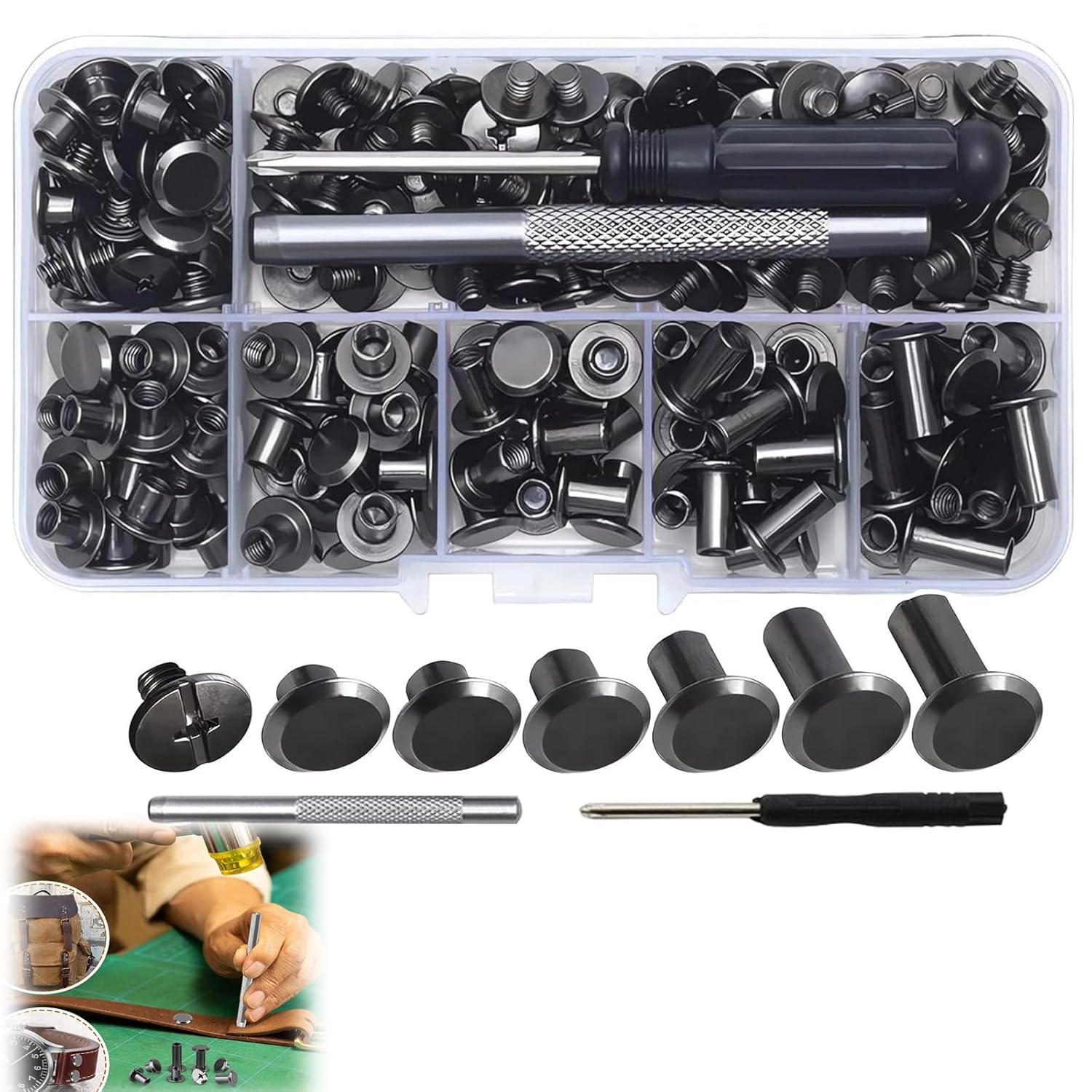 Pack of 110 Screw Rivets M5 X 4/5/6/8/10/12 mm for DIY Leather Decoration, Bags, Crafts