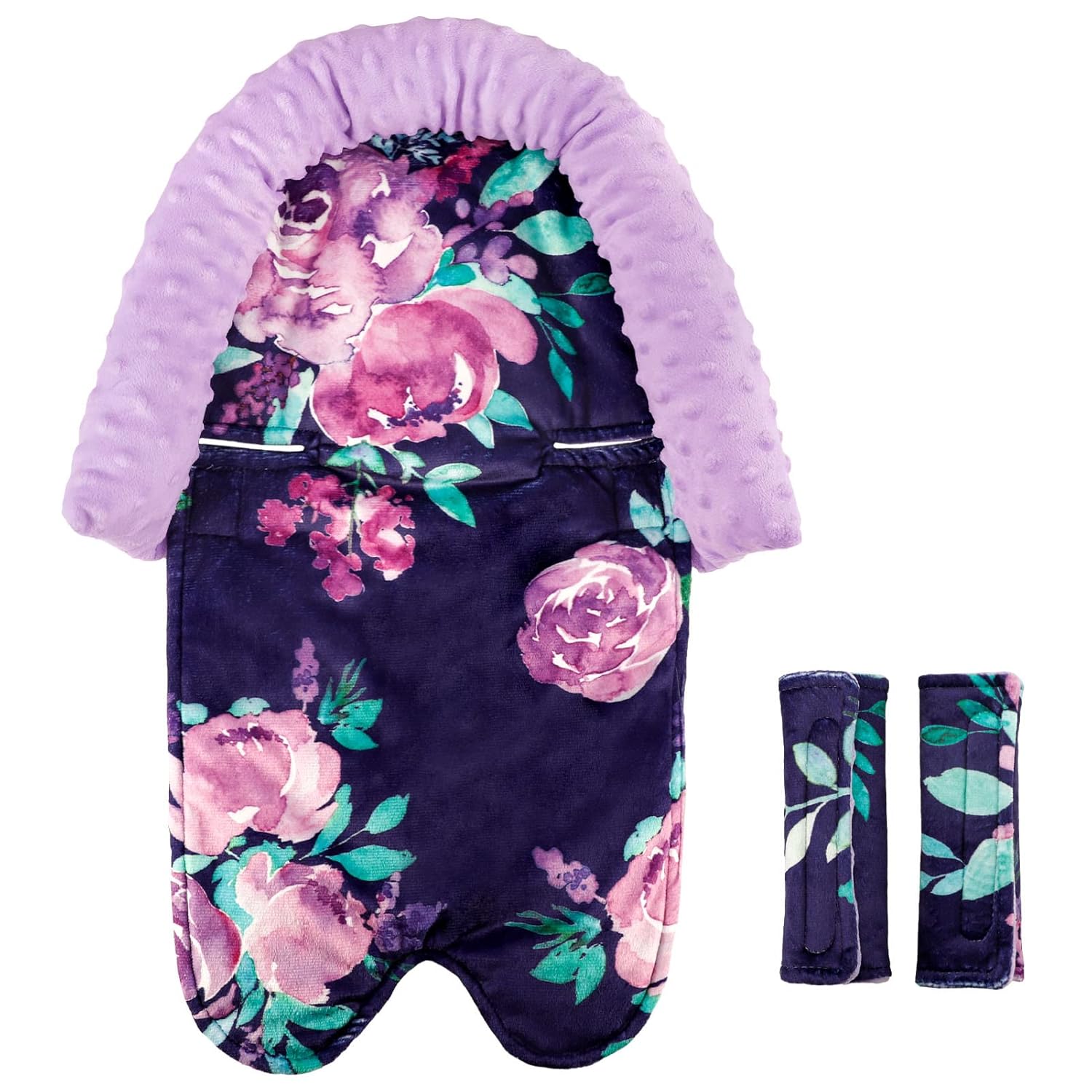 Baby Car Seat Head Support for Girls, Infant Carseat Insert Super Soft Fleece Newborn Headrest Seatbelt Covers for Car Seat, Stroller, Bouncer, Purple Flower