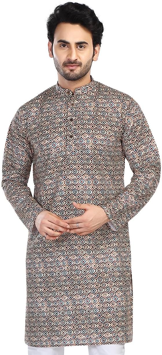In-Sattva Men's Indian Folk Print Banded Collar Knee-Length Kurta Tunic