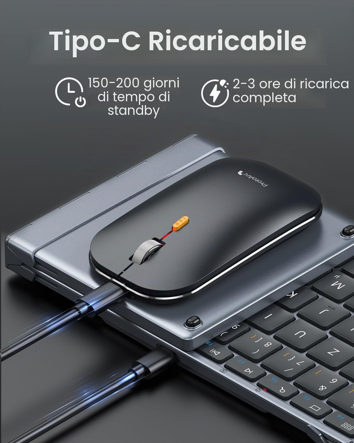 ProtoArc XKM01 - Set tastiera e mouse pieghevole, QWERTZ, 2,4 G + Dual Bluetooth | Full Size 105 Tasti con Blocco Numerico Ricaricabile con Custodia Rigida e Supporto per iPad/Tablet/Laptop/iPhone