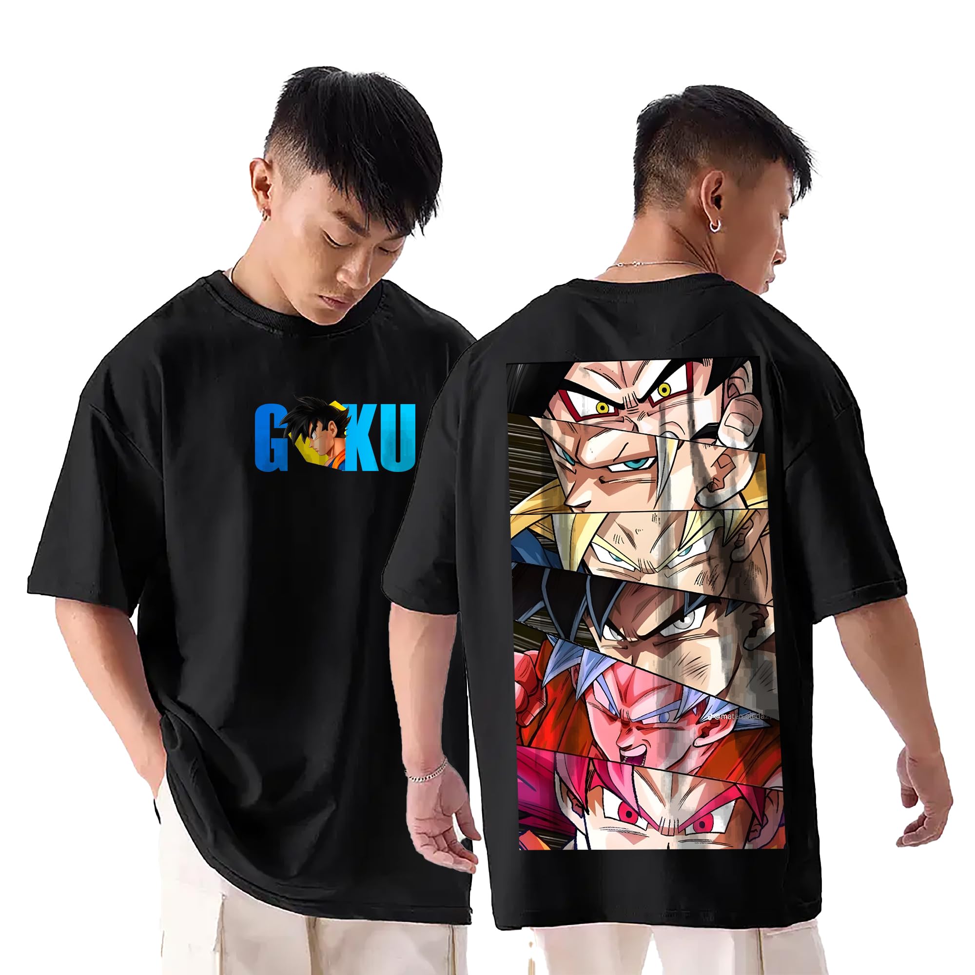 Goku Oversized Black Tshirt for Men and Women Level Up Goku Drop Shoulder Unisex Baggy Loose Fit T-Shirts-image-1