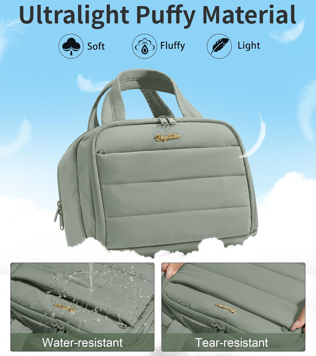 Travel Toiletry Bag for Women, Lightweight Large Quilted Puffy Makeup Bag Wide-open Make up Organizer Cloud Cosmetic Bag w/Handle for Traveling Toiletries Essentials Accessories Sage Green - Image 5