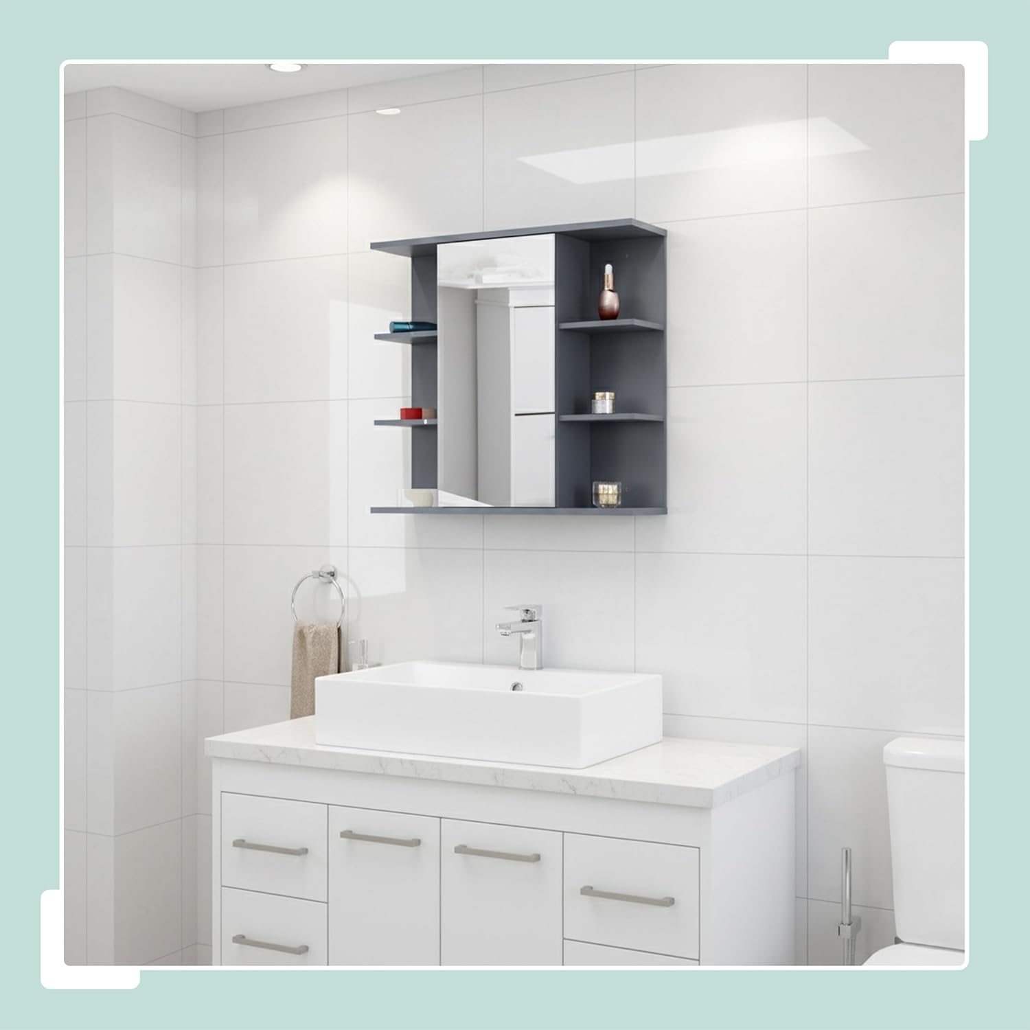 Relaxdays wall-mounted mirror cabinet, 6 shelves, 2 compartments, HxWxD: 64 x 62 x 21 cm, bathroom storage, white