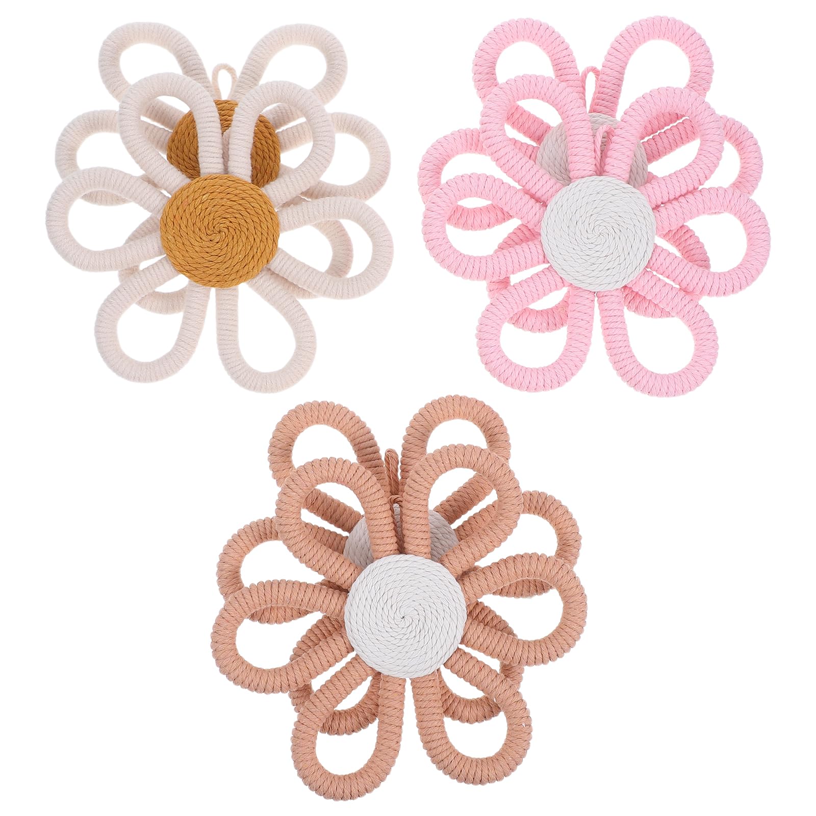 LUOZZY 6pcs Boho Woven Daisy Wall Hanging Nursery Decor for Girls, Macrame Floral Lace Art with Beige/Khaki/Pink Accents, 15cm Baby Room Decoration