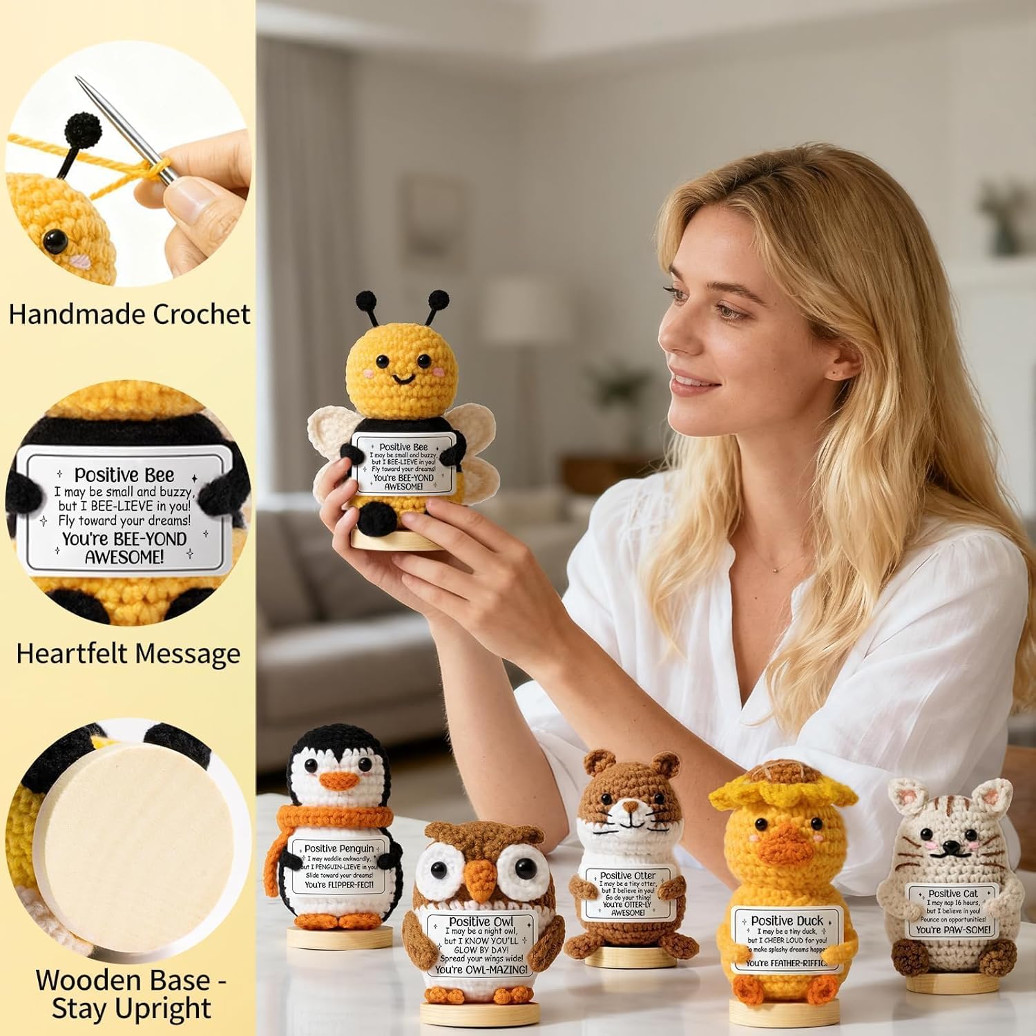 6PCS Emotional Support Positive Crochet Animals Inspirational Cheer Gifts for Women, Handmade Positive Crochet Gift Thank You Birthday Teacher Appreciation Easter Gift for Coworker Nurse Mom Sister