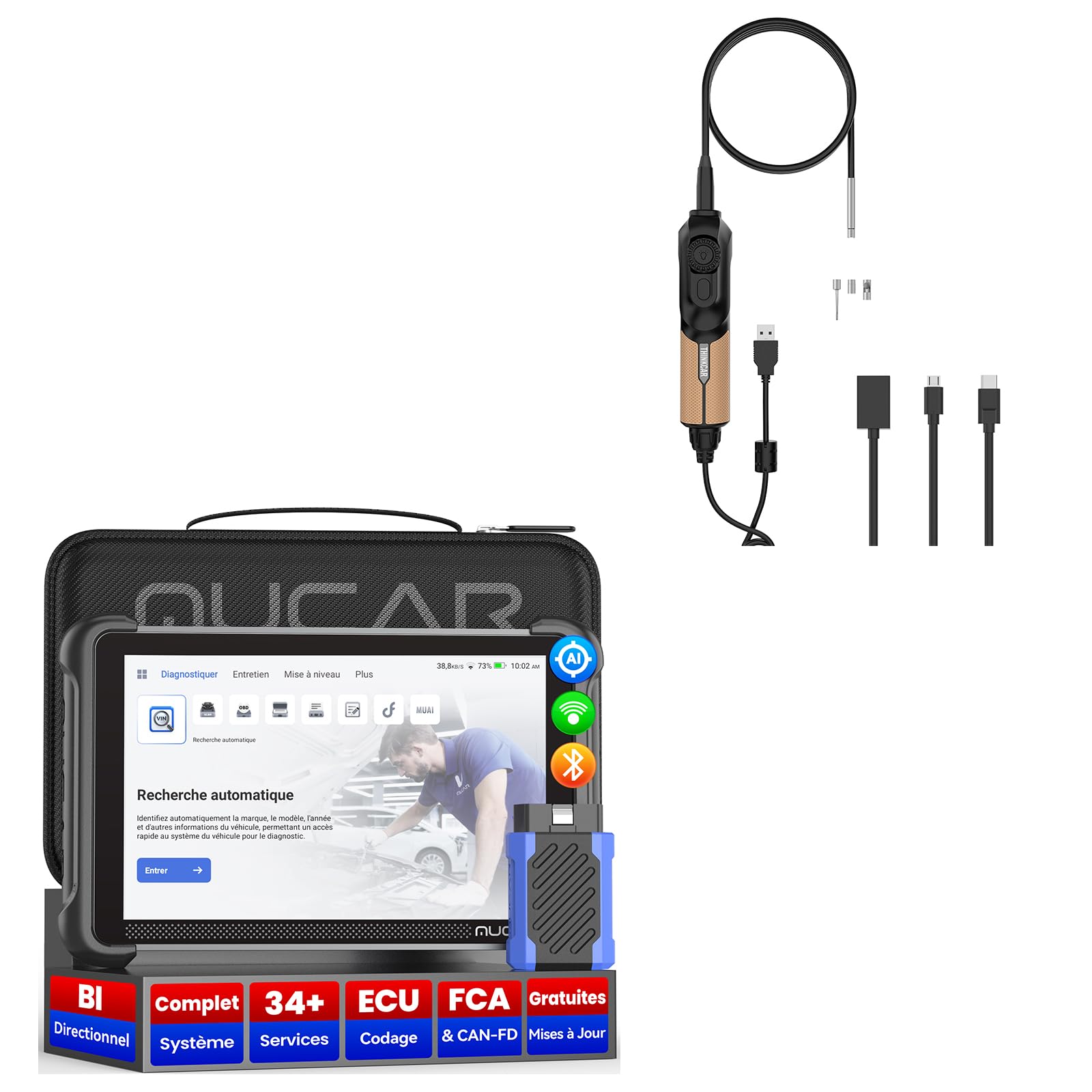 mucar 892BT AI Valise Diagnostic Auto,Bidirectionnel obd2 Diagnostic Français,Codage ECU,34+ Réinitialisations,Diagnostic de Tous Les systèmes avec Caméra Endoscopique TES102