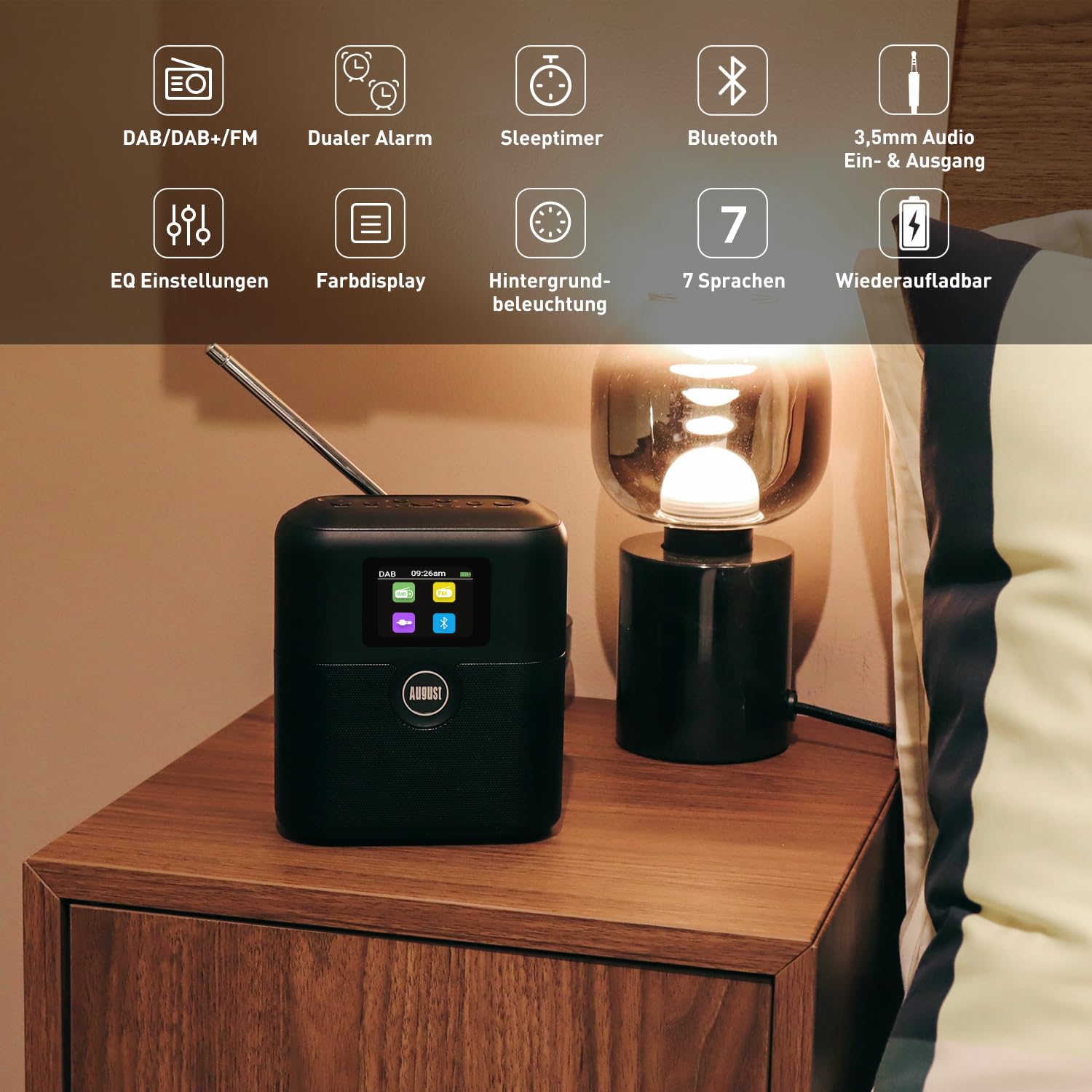 August MB330 Tragbares DAB+/UKW Radio mit Bluetooth – Digitalradio mit Akku Doppel Wecker, 60 Presets, Sleeptimer, 6W Lautsprecher, Farbdisplay, EQ, AUX EIN/Aus, USB-C, für Küche Schlafzimmer Outdoor