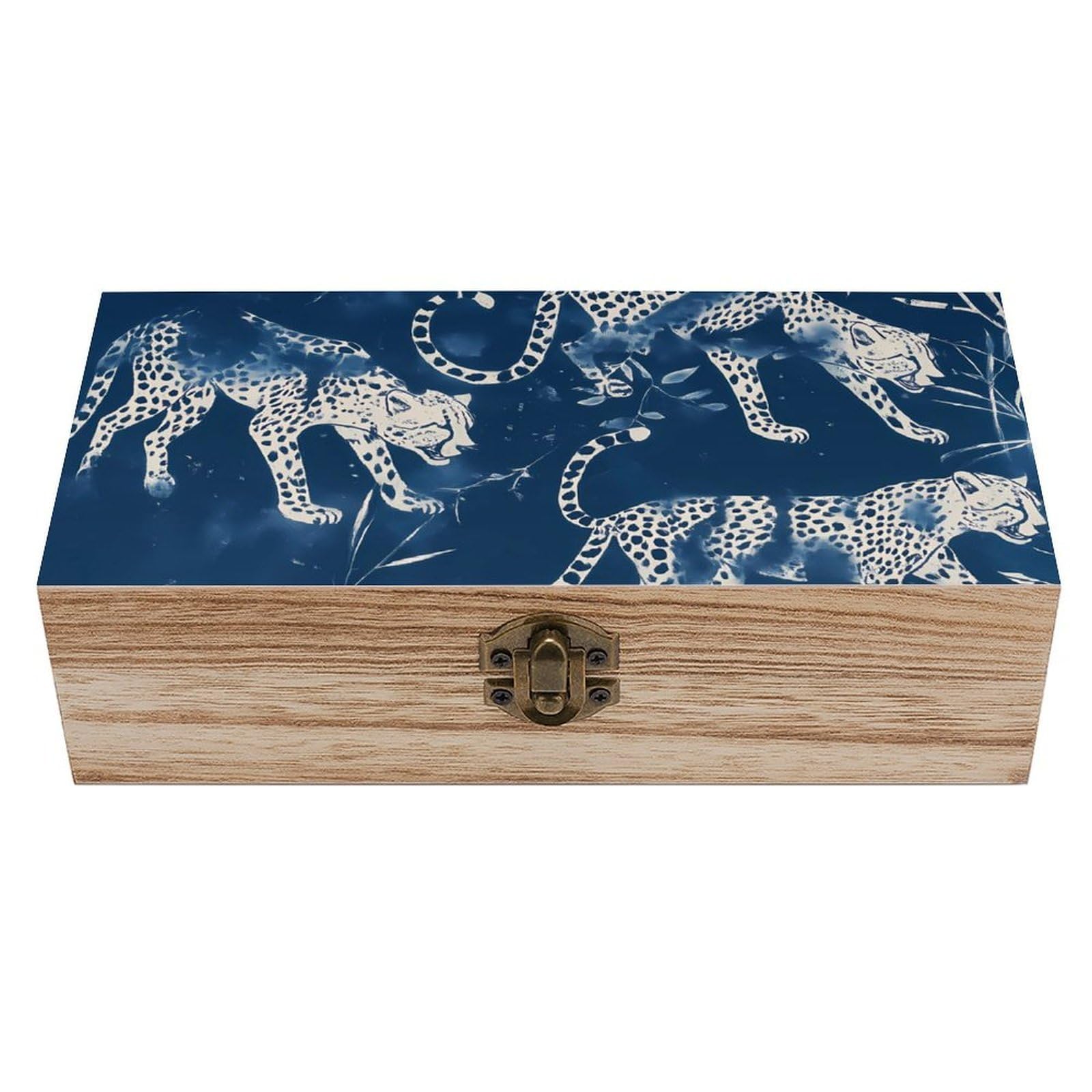 HLBSDM Navy Blue White Leopards Retro Wooden Storage Box Jewelry Art Gift Boxs Decorative Keepsake Boxes
