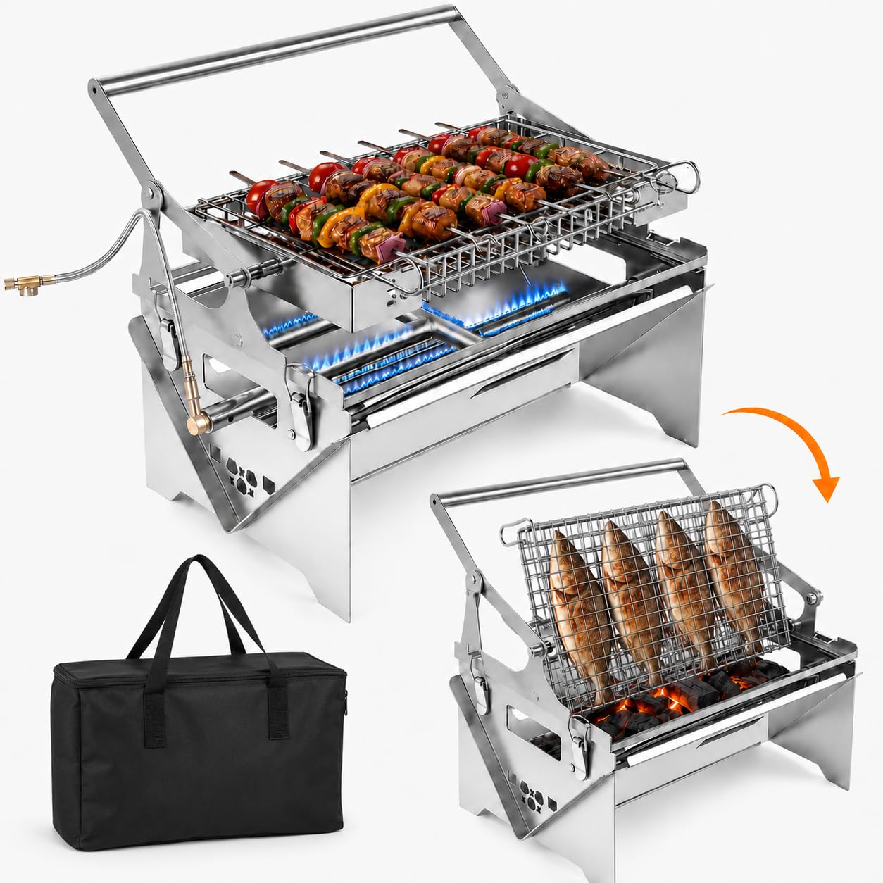parrilla barbacoa de gas, 2 en 1 portátil barbacoa carbon de gas carbon y leña con rejilla reversible, parrilla pescado de acero inoxidable para camping, plegable para balcón, rejilla girat
