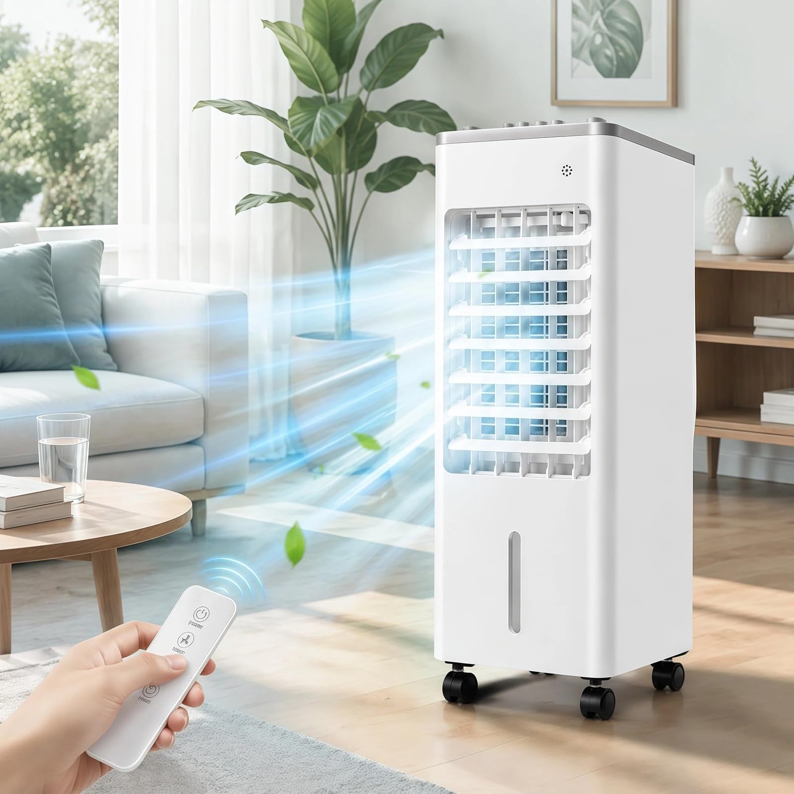 Raffrescatore D'aria 3 in 1 con Ventilatore Serbatoio 6L Telecomando 3 Velocità Timer 7,5H Ruote 360° Raffreddamento Silenzioso per Camera Ufficio Soggiorno