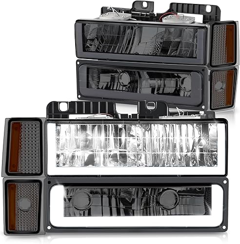 DNA MOTORING Faro LED DRL estilo U + señal de parachoques + juego de lámparas de esquina compatible con Chevy CK1500-3500 88-93, ahumadoámbar,