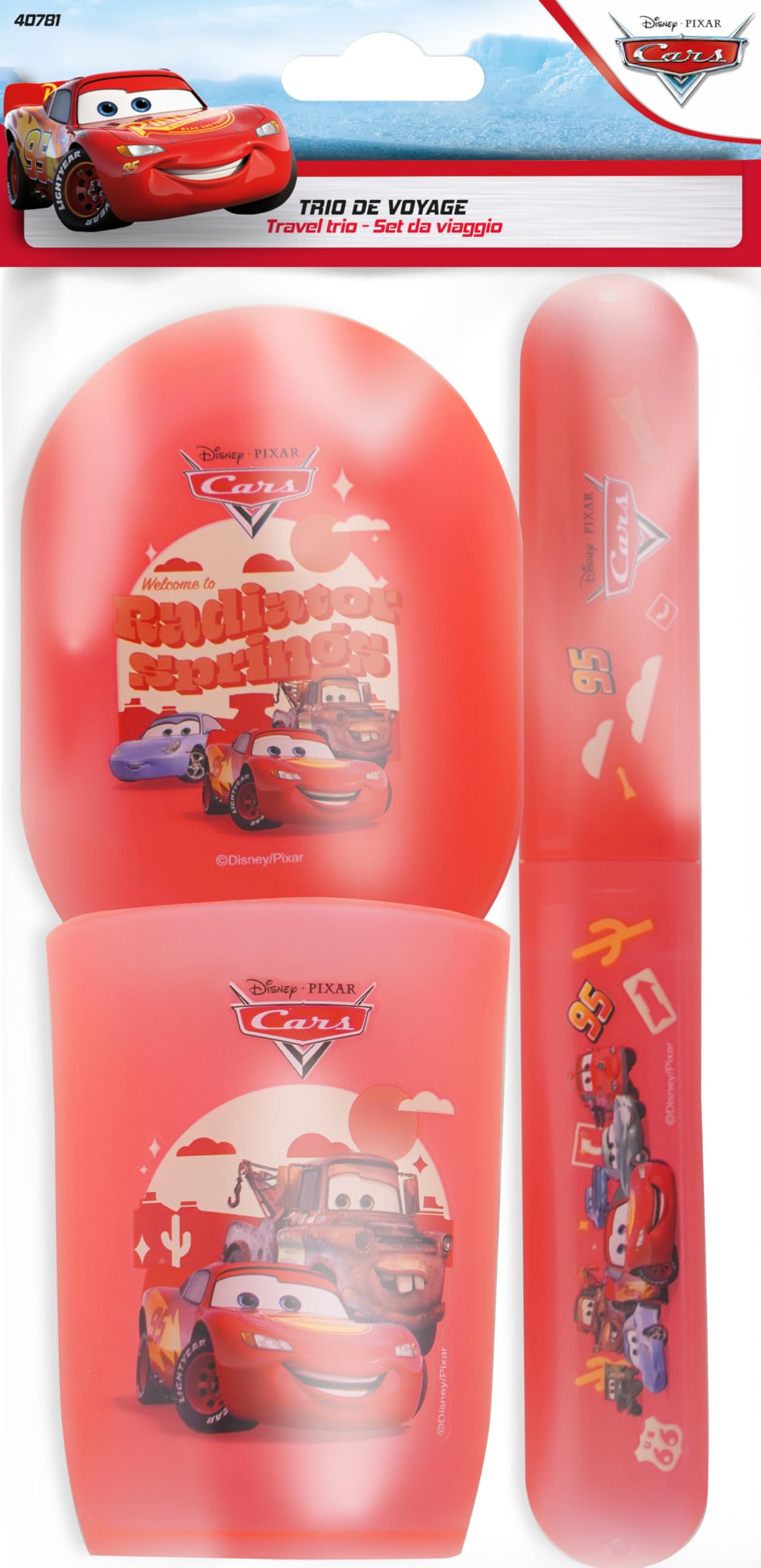 Disney Pixar - Trio Travel Cars - Flash McQueen - Kubek - Mydelniczka - Etui na szczoteczkę do zębów - Wytrzymały plastik - Higiena Dzieci - Oficjalny produkt