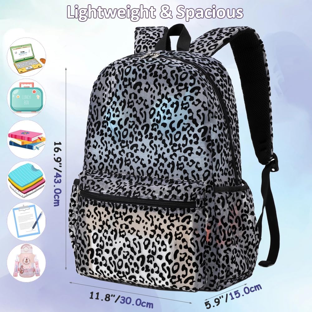 Meisohua Mesh Backpack for School Girls Semi-Transparent Backpacks for Kids Leopard Print See Through Teen Girls Daypack with Storage Bag 2 in 1 Set - Image 2