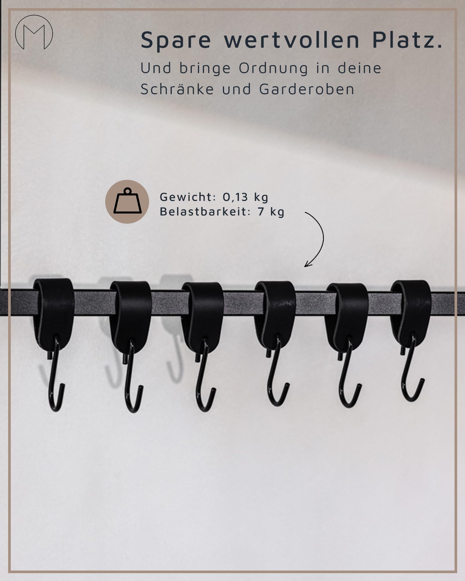 Metallbude Kleiderhaken S-HAKEN - 6er Set in Schwarz/Schwarz - Modernes Design - Garderobenhaken aus Hochwertiger Lederschlaufe & Stahl - 10 cm
