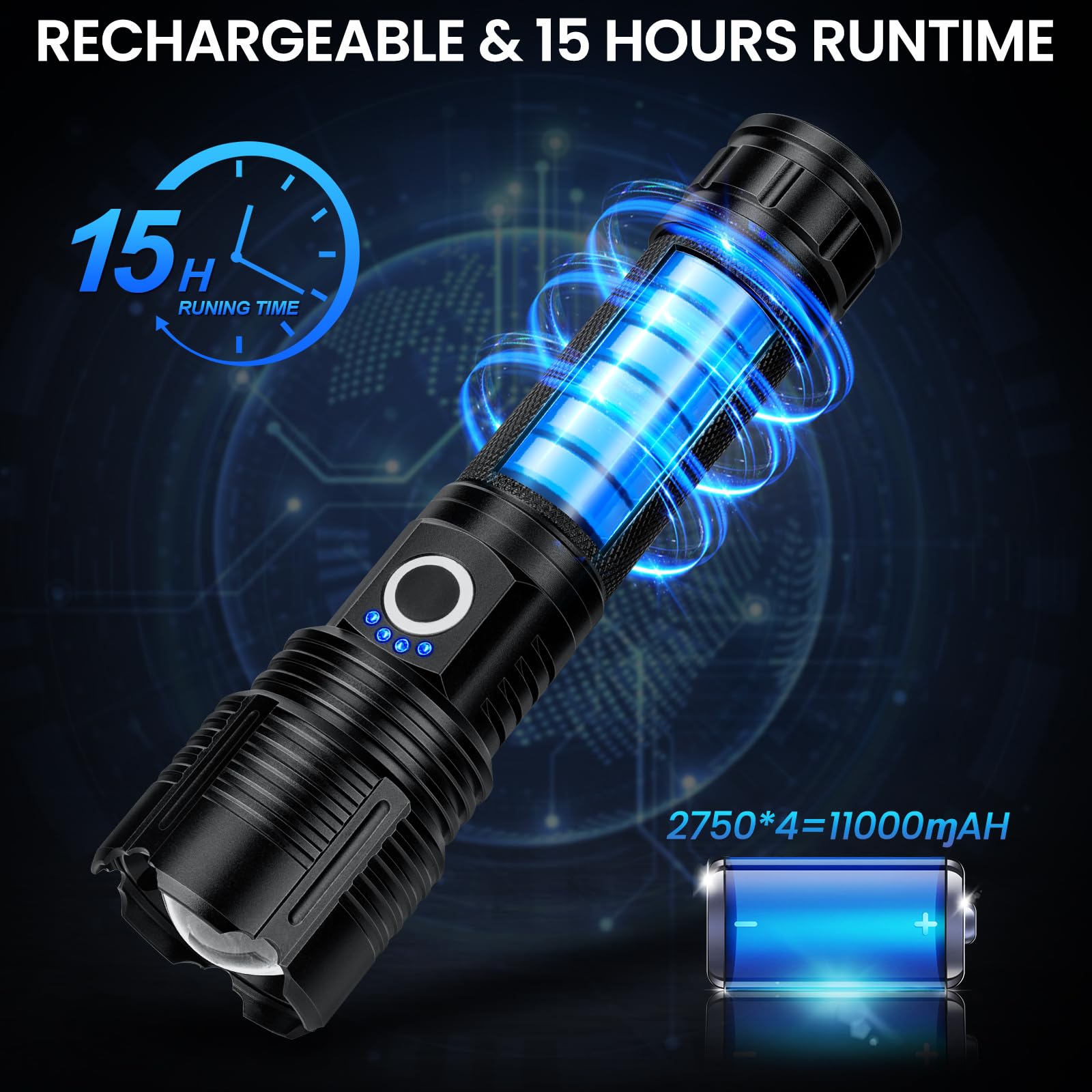 MILAOSHU Paquete de 4 linternas recargables de 99.000 lúmenes altos, linternas recargables superbrillantes para el hogar, potente luz LED con 5 modos de luz, IPX7 impermeable para exteriores, camping
