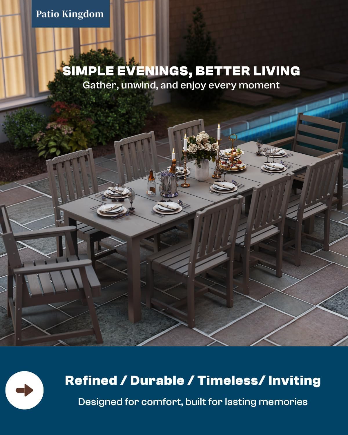 9-Piece Outdoor Dining Set for 8, 75.2" HDPE Table with Umbrella Hole & 8 Chairs, All-Weather Patio Furniture for Lawn, Yard, Deck, or Poolside, Fade & Crack Resistant (Grey)