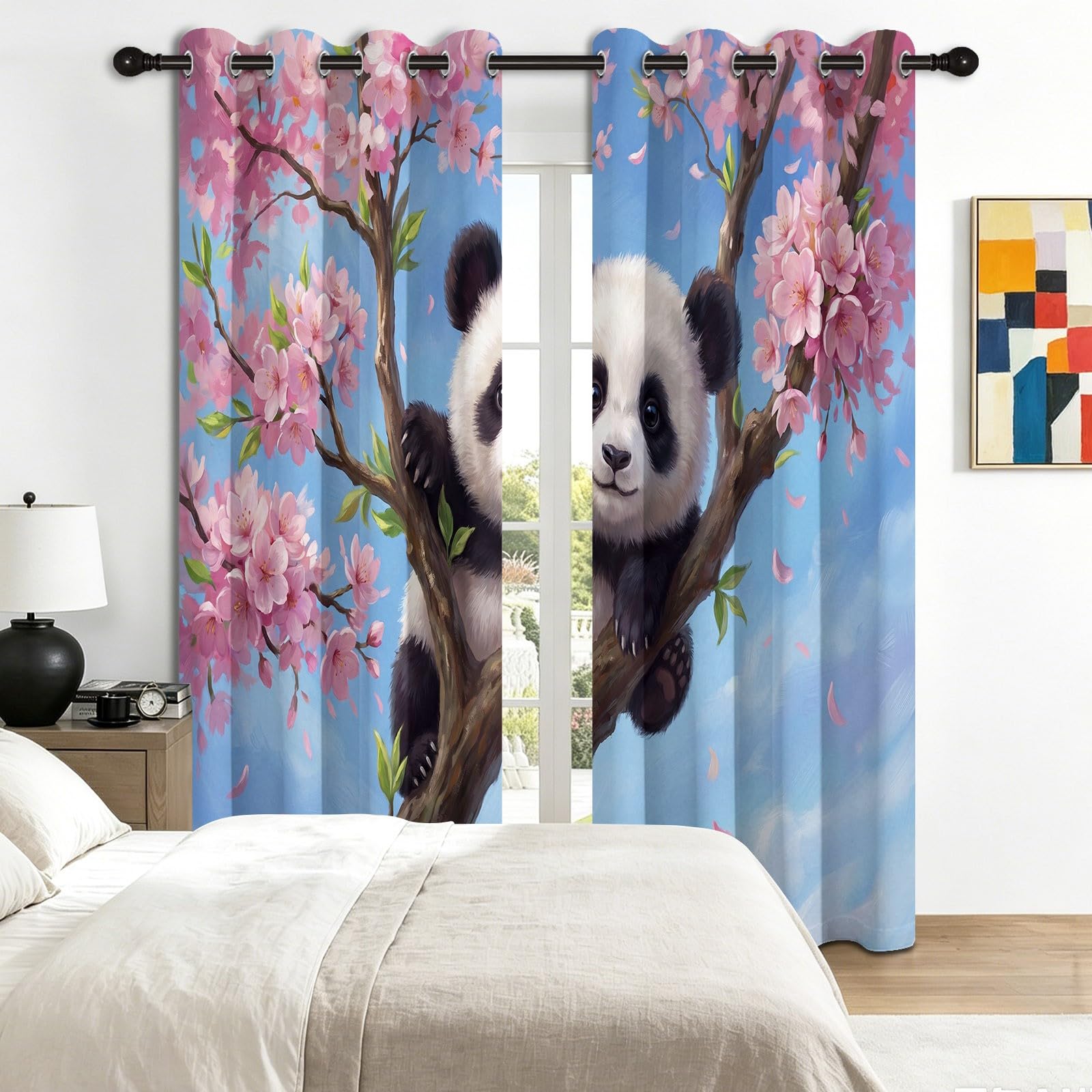 Śliczne kreskówkowe zasłony zaciemniające 117 l x 230 cm Zestaw 2 zasłon zaciemniających Panda, wiśnia, błękitne niebo, nieprzejrzysta zasłona z oczkami, do salonu i sypialni