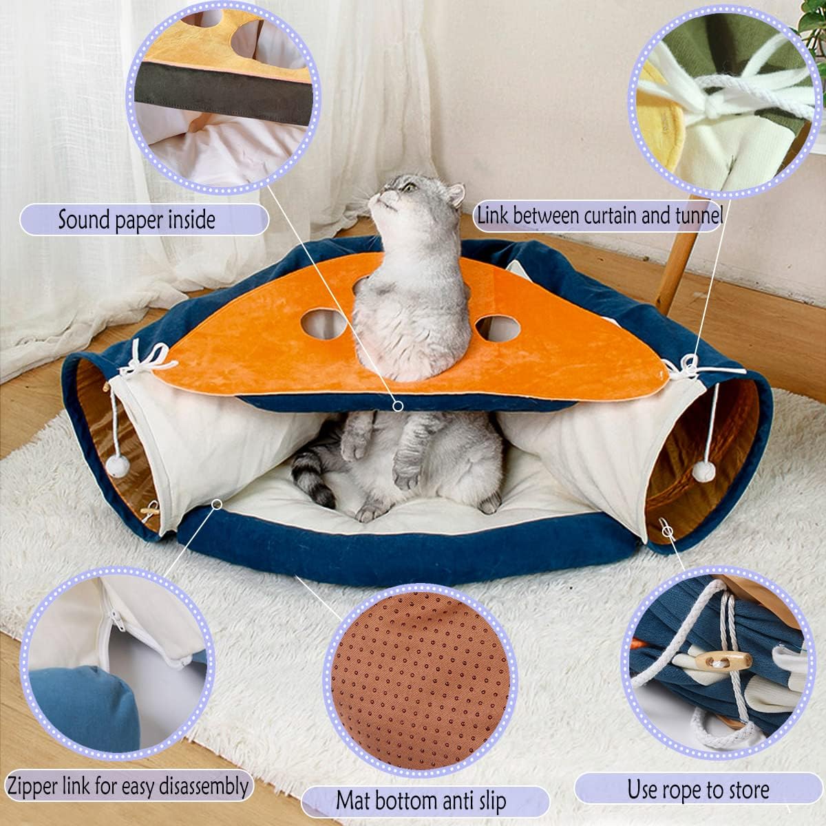 LEFTSTARER 2-in-1 Collapsible Cat Tunnel for Indoor Bed and Hideout - Pet Dog Rabbit Bunny Ferret Tunnel Tubes Toys with Removable Washable Mat, Tower Wheel Stuff