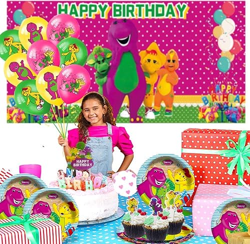 Miniatura 7 de Barney and Friends - Suministros para fiestas, platos, recuerdos, decoración de telón de fondo, globos, pancarta, decoración para pastel de