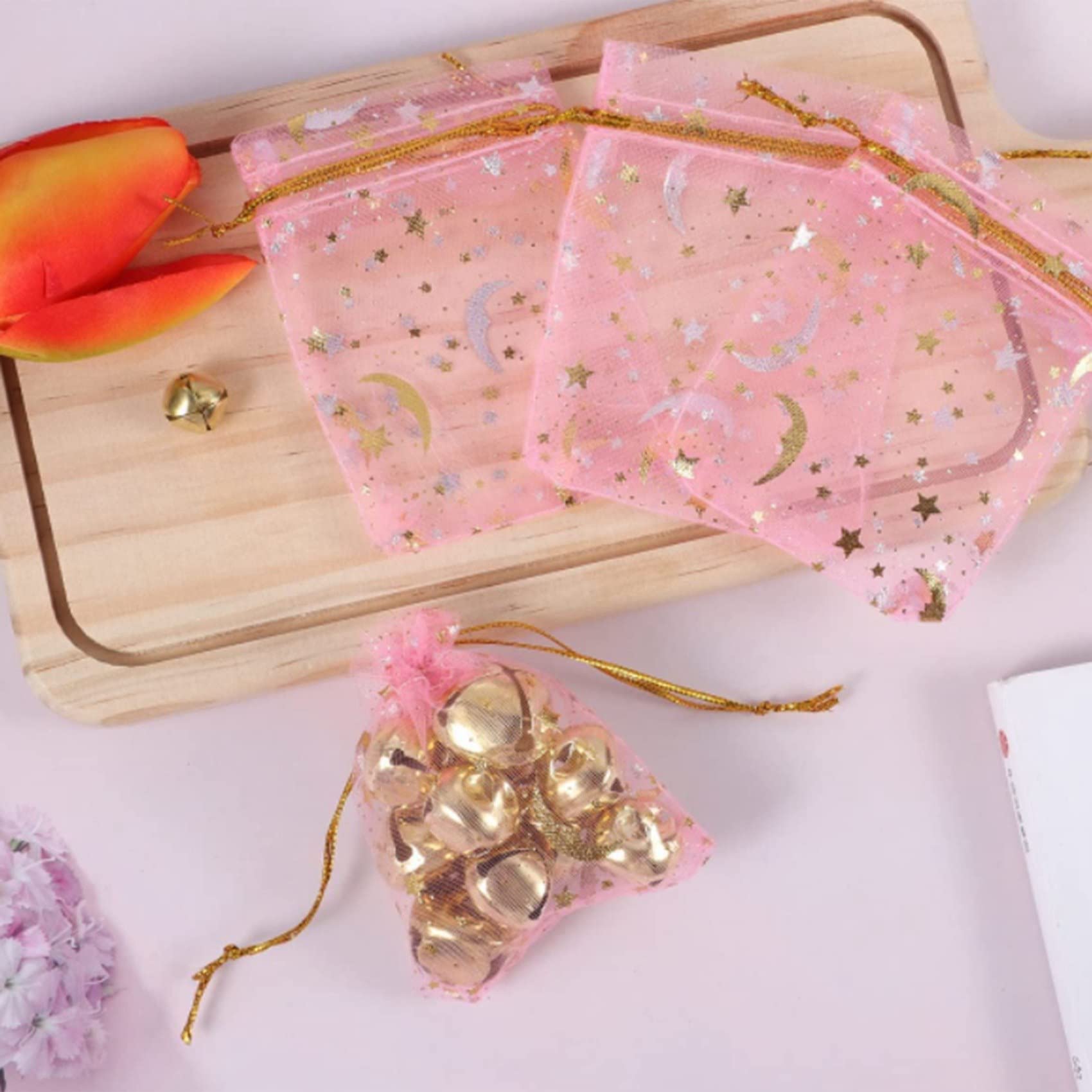 DIYOMR 120 Sacchetti In Organza Con Motivo Stelle E Luna, 10x15 Cm, Con Coulisse, Per Bomboniere E Confezioni Regalo, Colore Argento E Luna