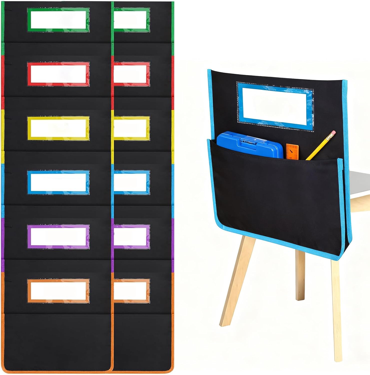 Chair Pockets for Classrooms 12 PCS with Name Tags, Seat Sacks Organizer for K-2 Students, Durable Fabric Storage Pockets for School Supplies & Books