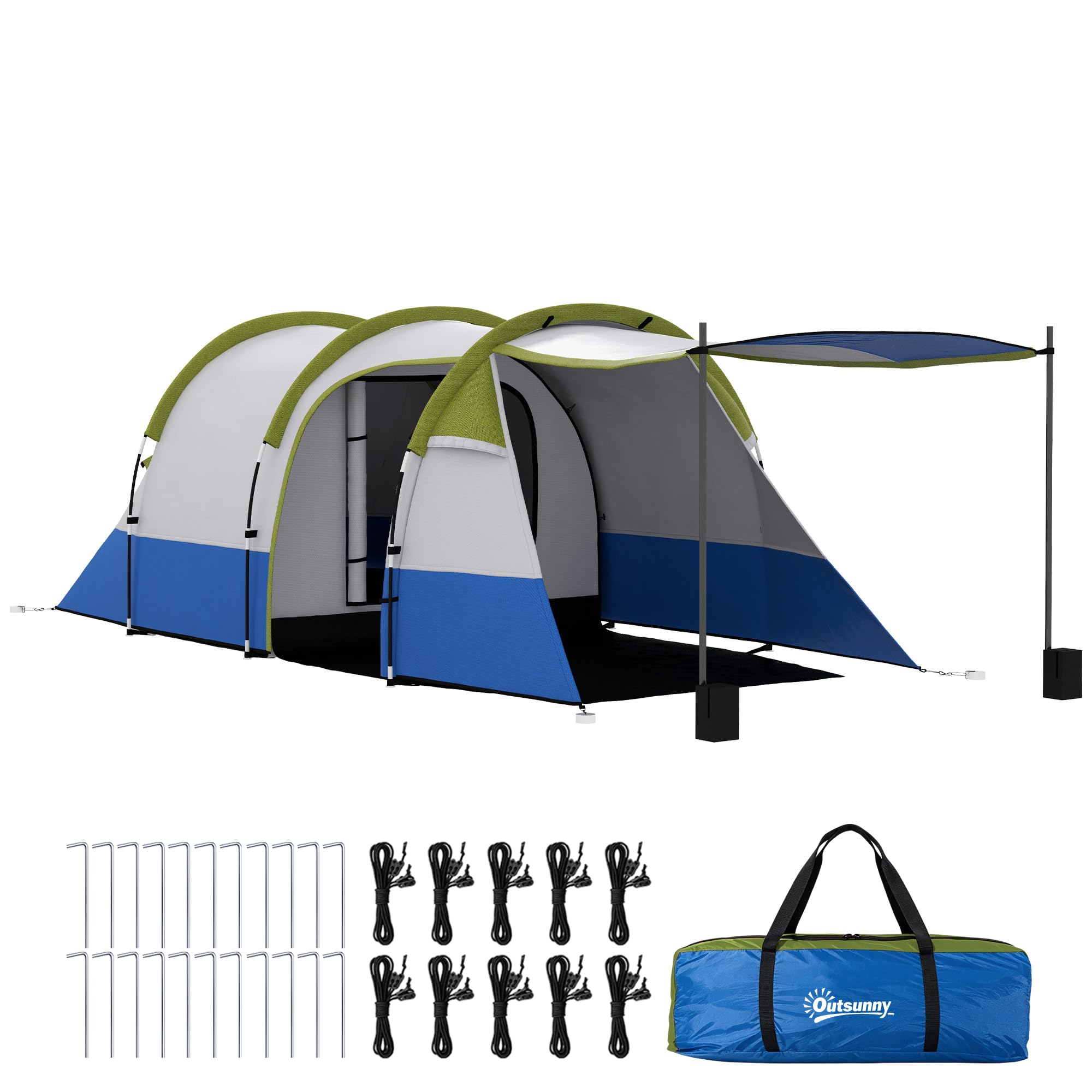 Outsunny Campingzelt, Tunnelzelt für 3 Personen, mit Lichthaken, Vorzelt, 2 Räumen, Familienzelt mit Tragetasche, 2000mm Wasserabweisend Pop Up Zelt für Camping, Garten