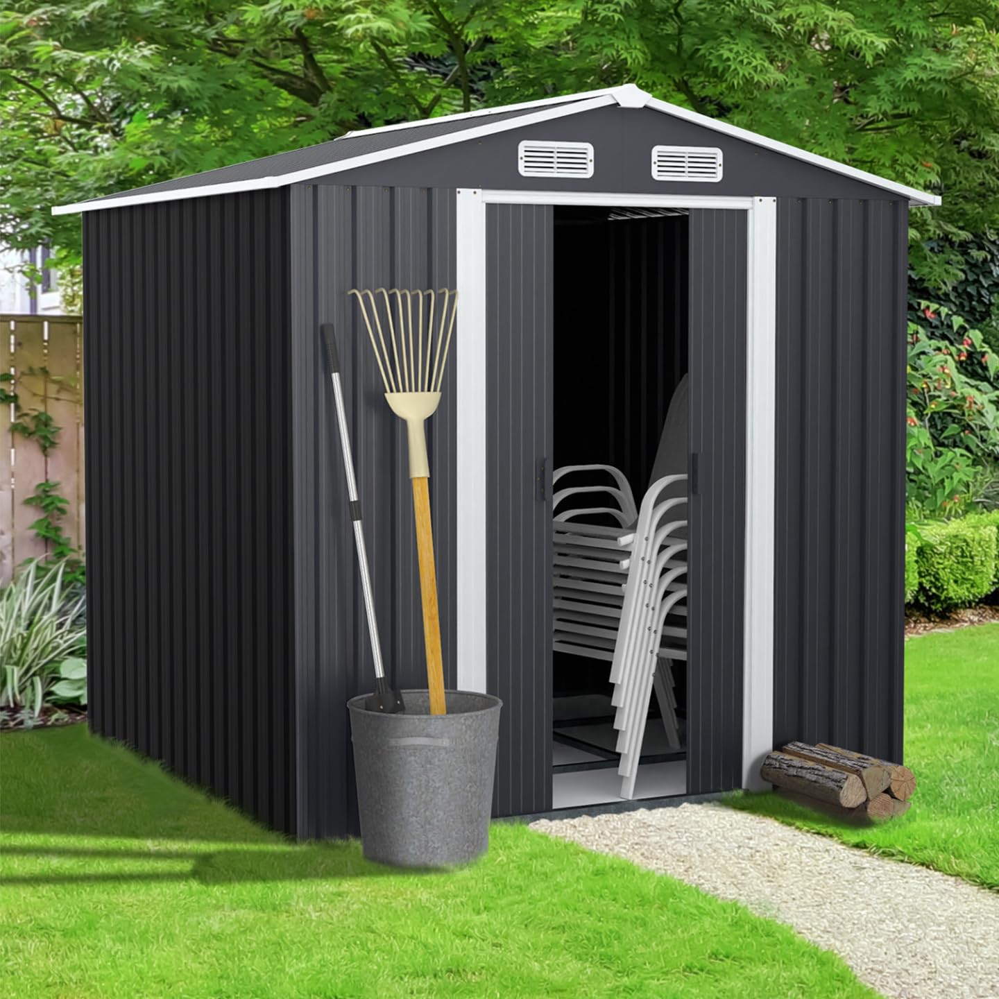 IDMarket - Abri de Jardin 3,7M² Gris en Acier galvanisé avec Base