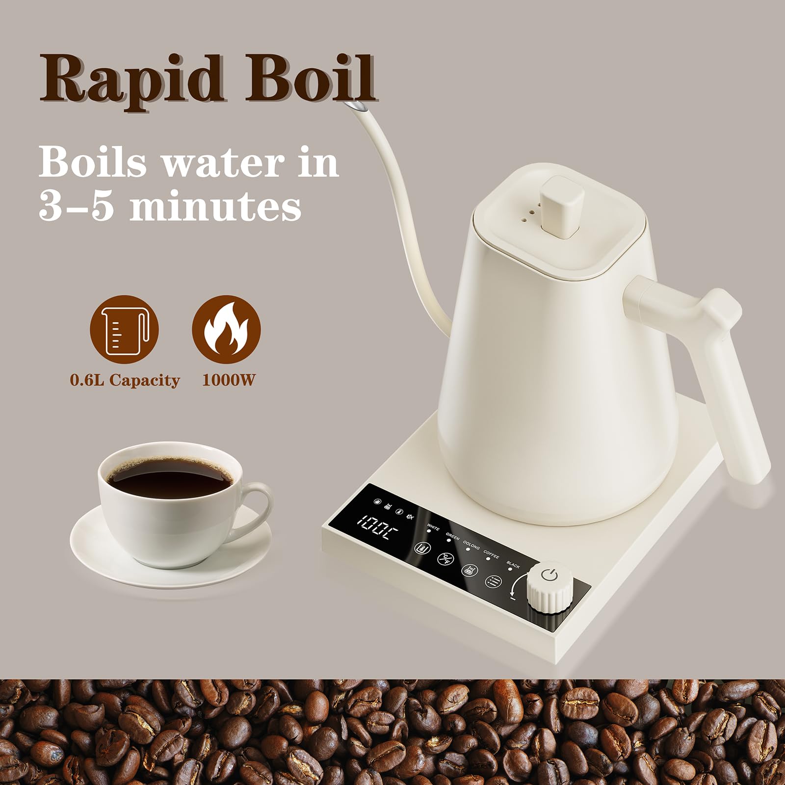 OKYUK Hervidor eléctrico con control de temperatura de ± 1.0 °C, boquilla de cuello de cisne, tetera de acero inoxidable para té, café y aeropress, retención de temperatura de 2 horas, cronómetro