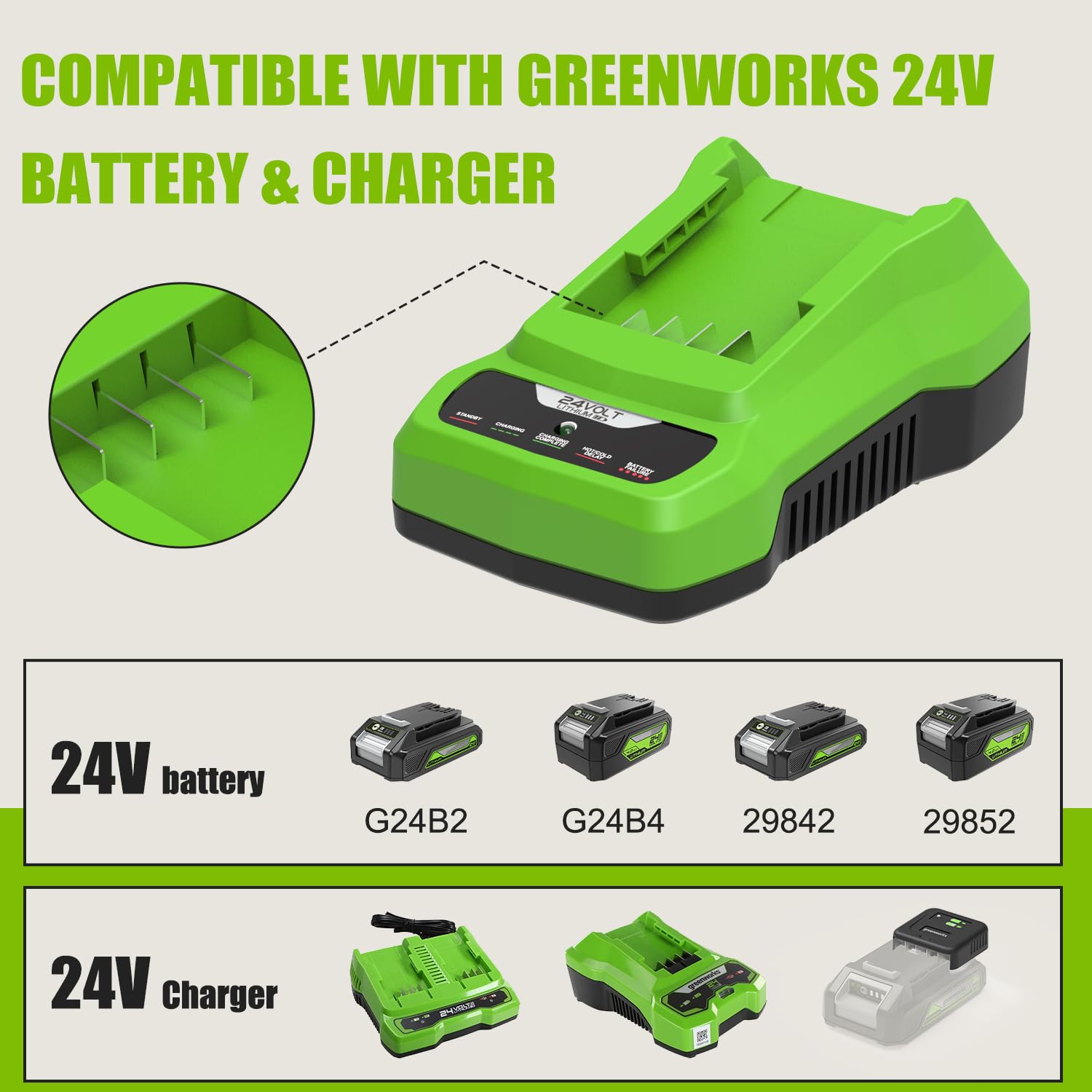 Powilling 24V CAF806 Battery Charger Replacement for Greenworks 24V Battery, Compatible with Greenworks 24 Volt Battery BAG708 BAG709 and Bissell CleanView XR Pet Stick Vacuum Cleaner