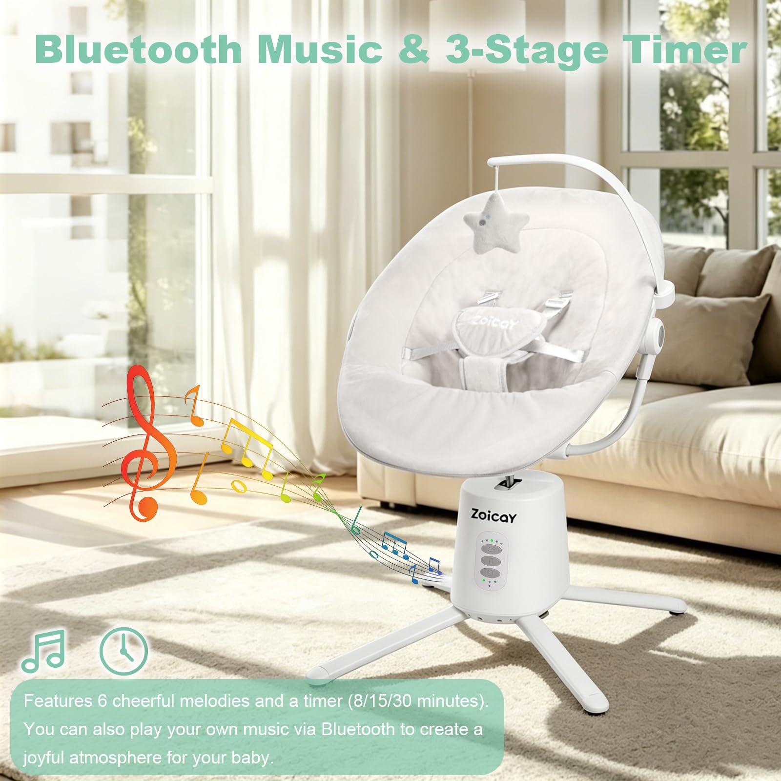 Transat Bebe Electrique Zoicay Balancelle Bebe Electrique 3 Modes avec Inclinaison Réglable, fonction de Timing et Musique Télécommande Bluetooth contrôle pour intérieure et extérieure (Blanc)