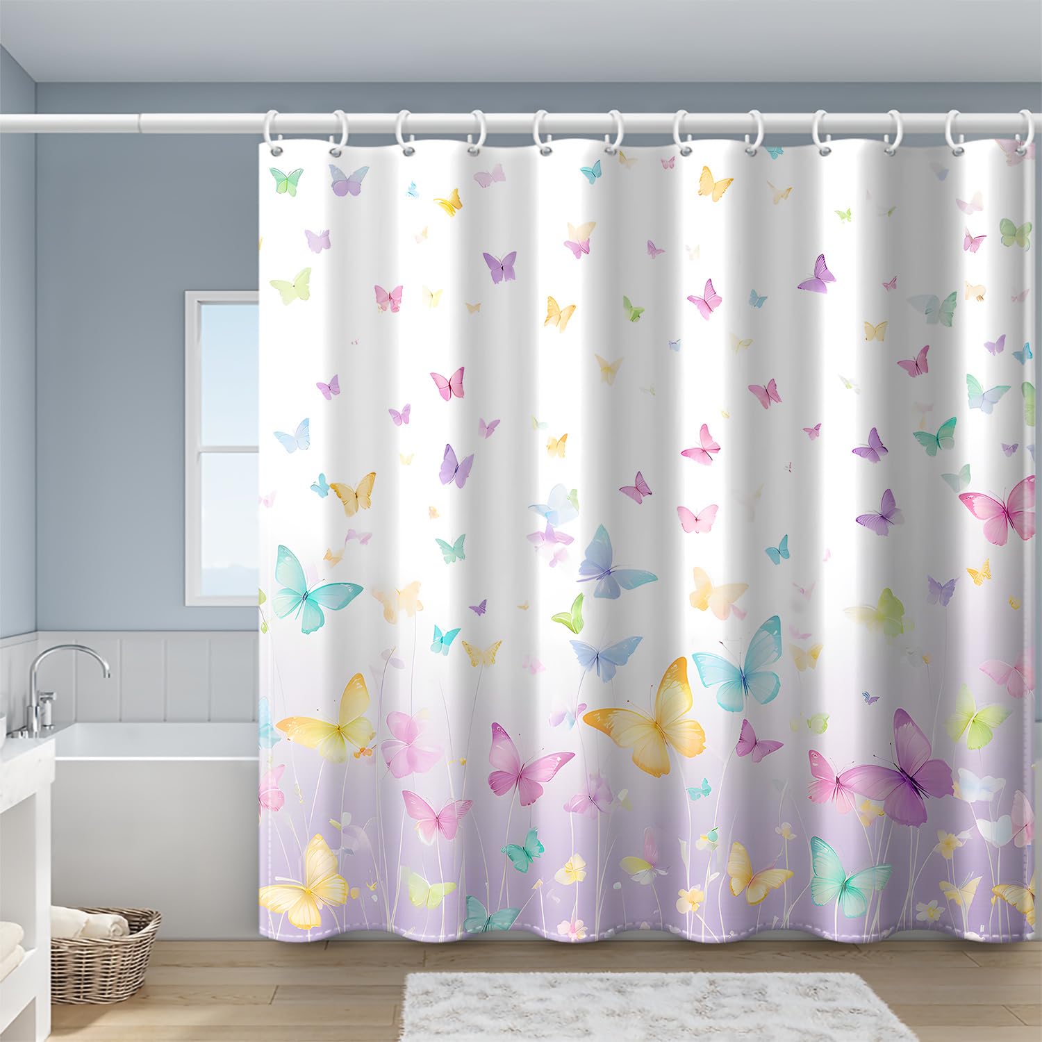 1 Cortina de Ducha con Estampado de Mariposas sobre Fondo Blanco, Tela de poliéster con Ganchos, Estilo Sencillo para Ventana (300x200cm/118x79in(WxH))