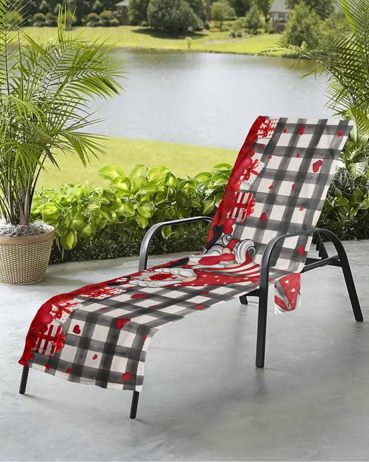 Valentine Beach Chair Towel Covers for Chaise Lounge with Side Pocket, Soft Plush Pool Towels Cover for Patio Sunbathing Outdoor 29''x85'' Buffalo Plaid Gnomes Love Valentine's Day