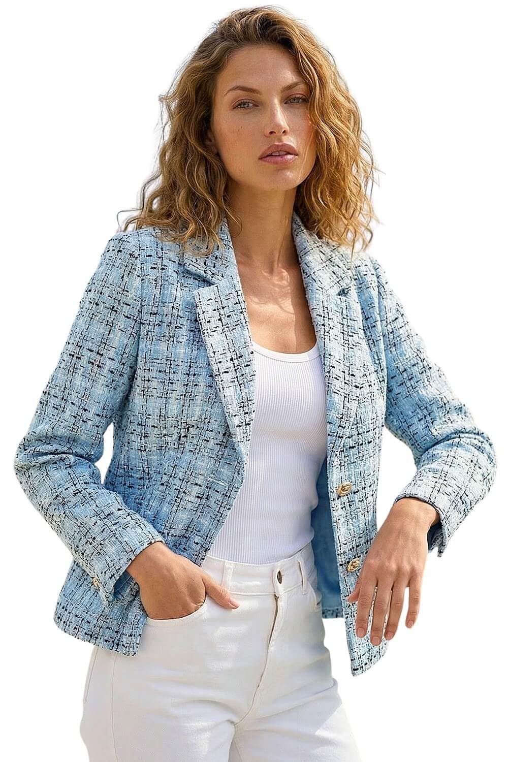 Roman Women's Blue Buttoned Boucle Jacket In | : Size 20