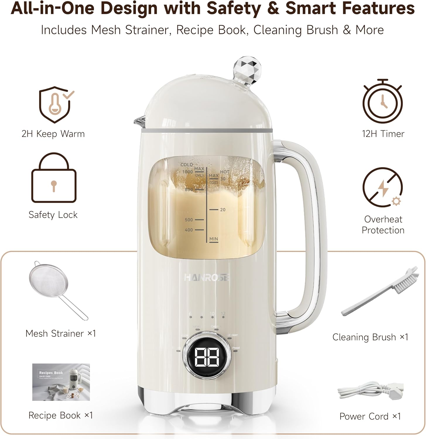 6-in-1 Upgraded 34oz Nut Milk Maker Machine with 8 Stainless Steel Blades, Automatic Plant-Based Milk Maker for Homemade Soy, Almond, Oat, Shakes & More, Keep Warm, Delay Start & Self-Cleaning