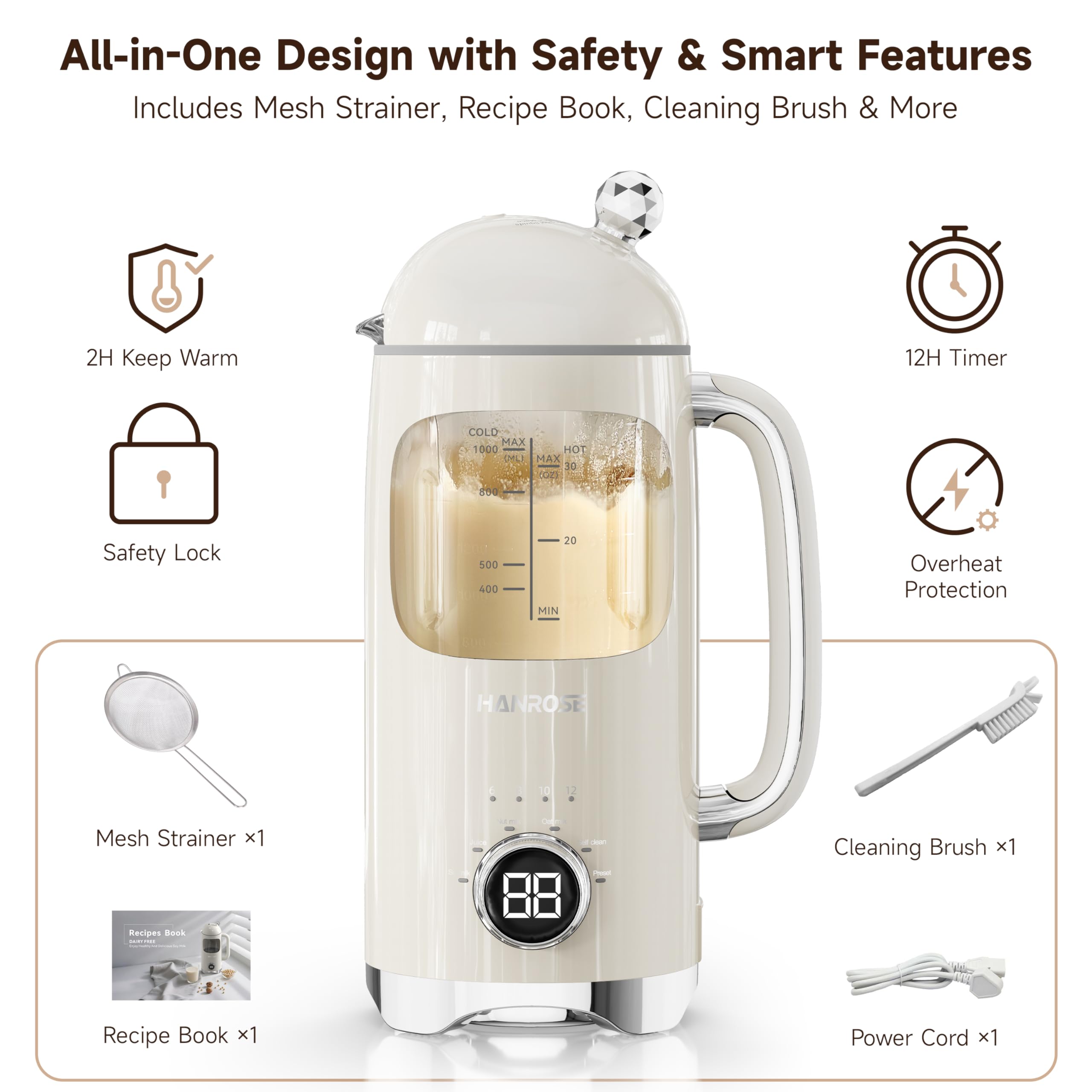 Máquina para fabricar leche de nuez 6 en 1, máquina de leche de soja y almendras de 34 onzas con 8 cuchillas, licuadora automática para leche de avena casera y batidos, bebidas a base de plantas 8