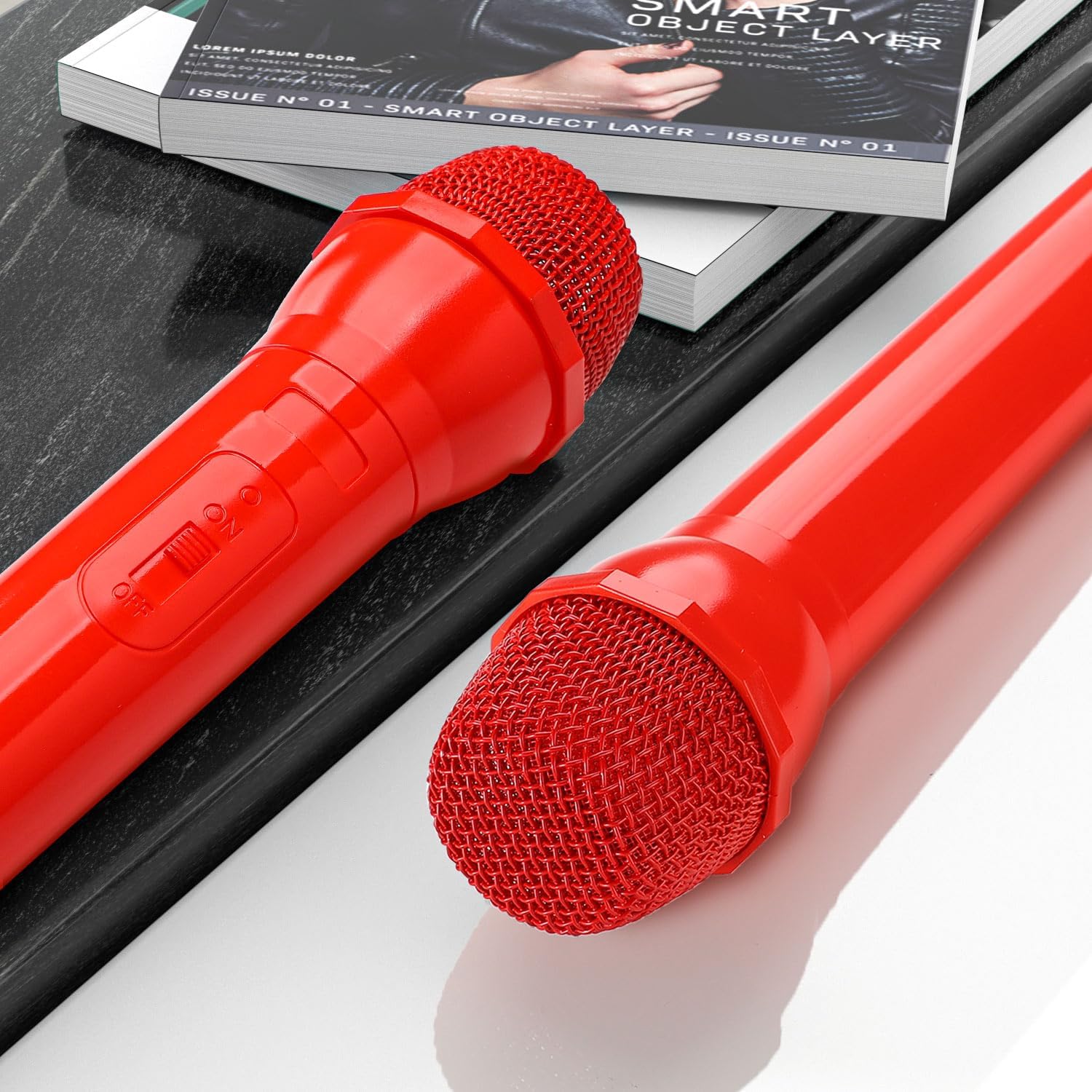 Facmogu 2PCS Fake Microphone Prop, Plastic Realistic Prop Microphone, Pretend Mics Simulate Speech Practice, Mic Prop for Karaoke Costume Role Play Christmas Cosplay Music Birthday Party Favors - Red - Image 7