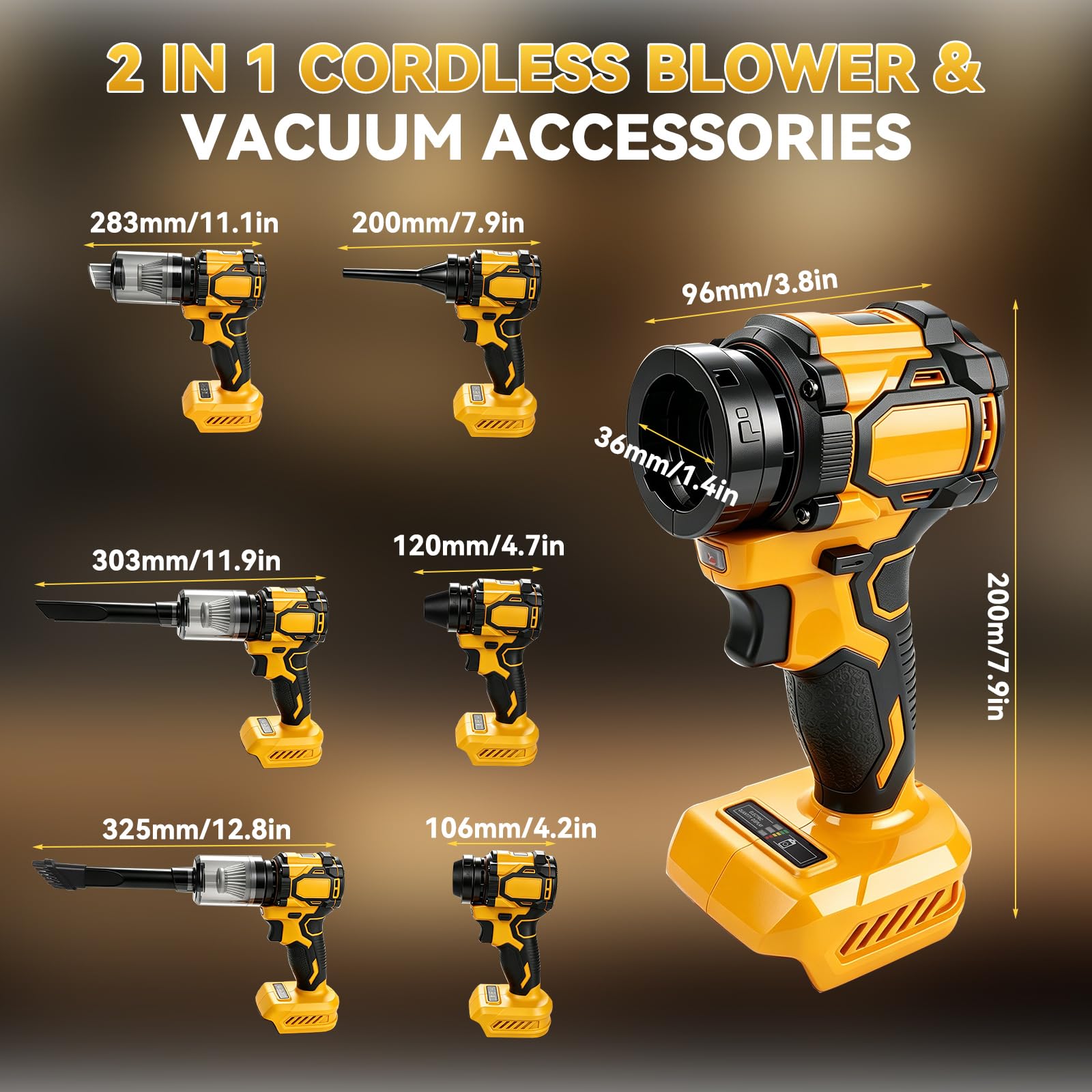 Soffiatore di foglie a batteria compatibile con DeWalt, soffiatore portatile e aspirante, ventilatore elettrico da giardino, 130.000 giri/min, 6 accessori per la cura del prato, cortile, foglie
