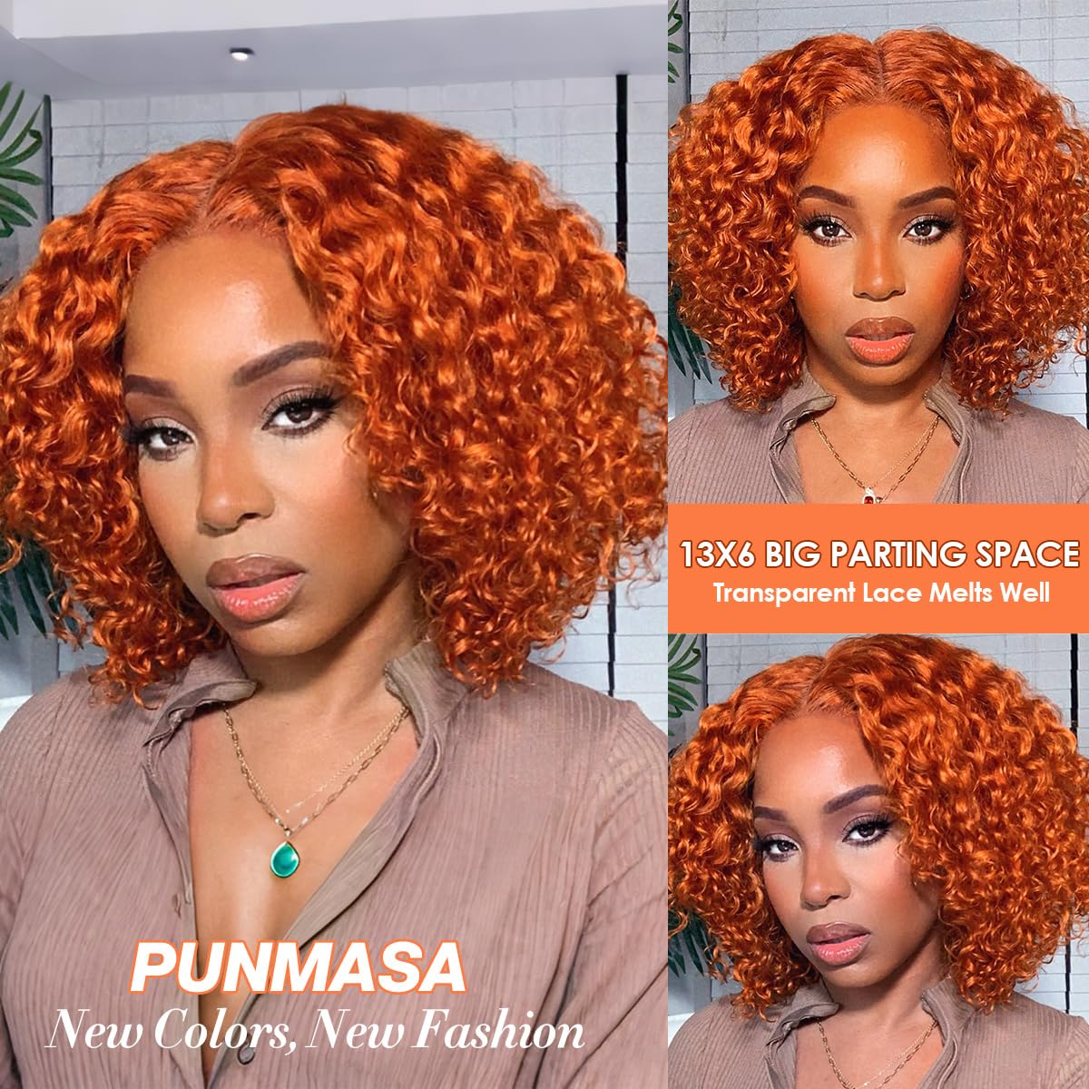 Punmasa Ginger Curly Bob Wig 200% Density 13x6 Frontal Lace Wig Glueless Bob Wigs For Black Women Ginger Deep Wave Bob Wig Human Hair 16 Inch
