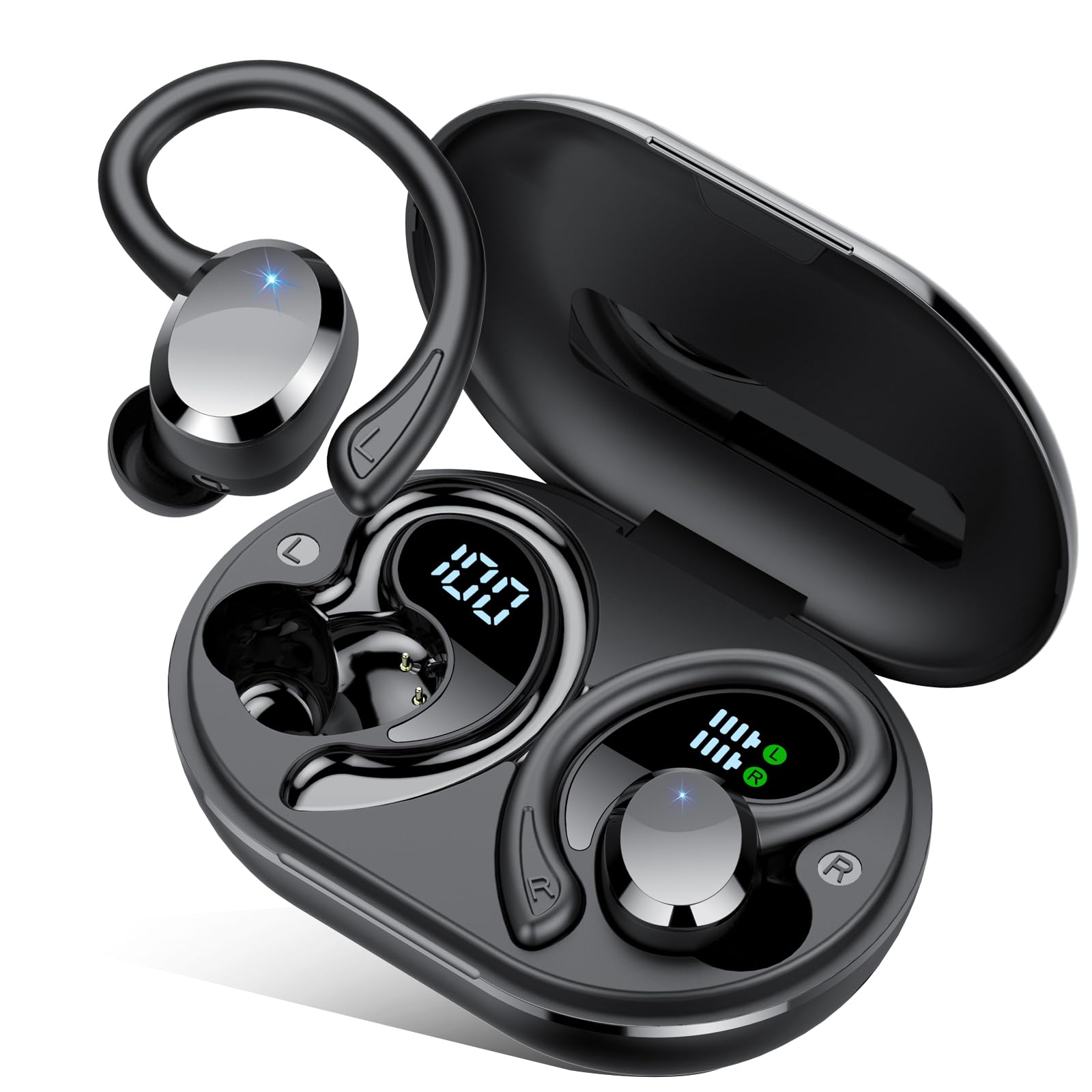 sprtoybatWireless Earbuds, 2025 New Bluetooth 5.4 Headphones Sport Earphones with 68Hrs Playtime LED Display ENC Noise Cancelling Mic, IPX7 Waterproof Over Ear Ear Buds with Hook for Sports/RunningCarbonfree Certified