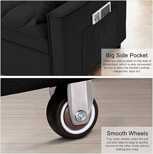 Miniatura 8 de Sofá cama convertible de terciopelo de 55 pulgadas, sofá futón 3 en 1 con cama extraíble, sofá biplaza moderno con respaldo ajustable, 2 almohadas y