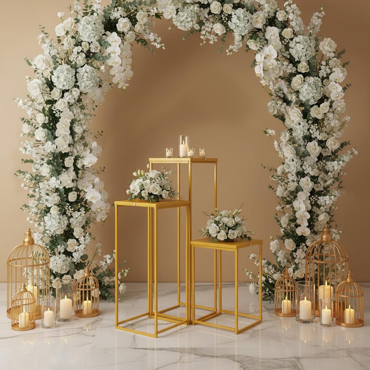 3pcs Metal Flower Stand Set, Wedding Geometric Vase Column Stand, Gold Square Vase Column Rack for Party Festival Birthday Decorations (40cm+60cm+80cm Height)