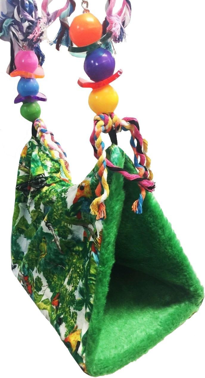 Parrot Printed Happy Hut Pet Cozzy Cage Snuggle Tent Bunk Hammock Bird Toy Toys Craft Cages Cockatiel Budgie Lovebird (Large, Green Print)