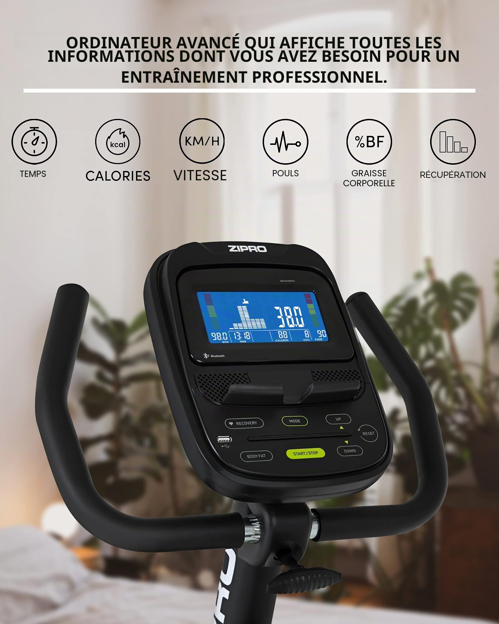 Zipro Vélo d'appartement Iconsole+ Glow, Ergomètre Fitness, Vélo d'appartement magnétique, Ergomètre jusqu'à 150 kg, Vélo d'intérieur, Vélo d'entraînement à domicile, Vélo ergomètre filaire