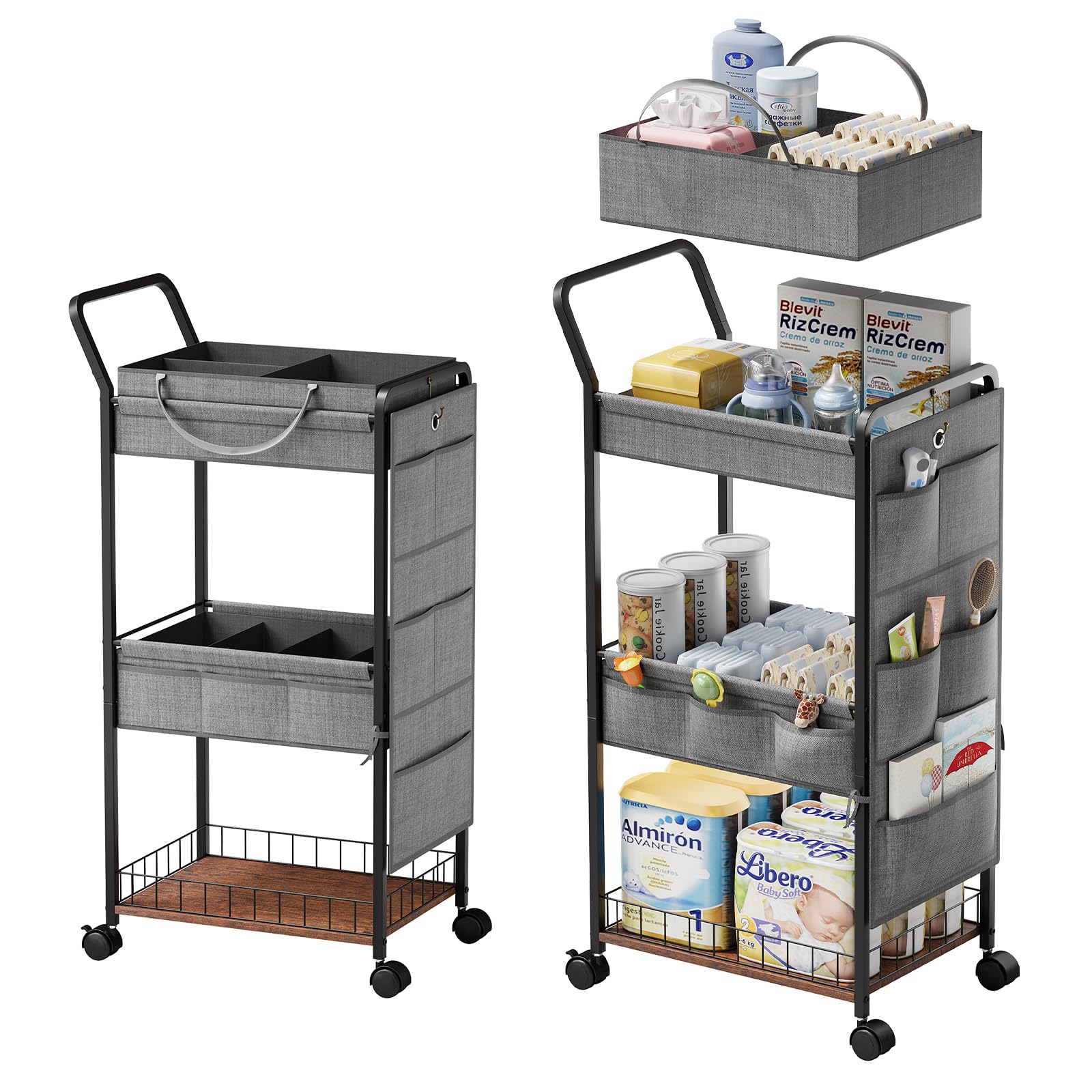 BBLIKE 3-Tier Diaper Caddy Organizer - Rolling Utility Baby Cart with Basket and Side Pockets for Nursery and Baby Essentials, Multi-Function Cart for