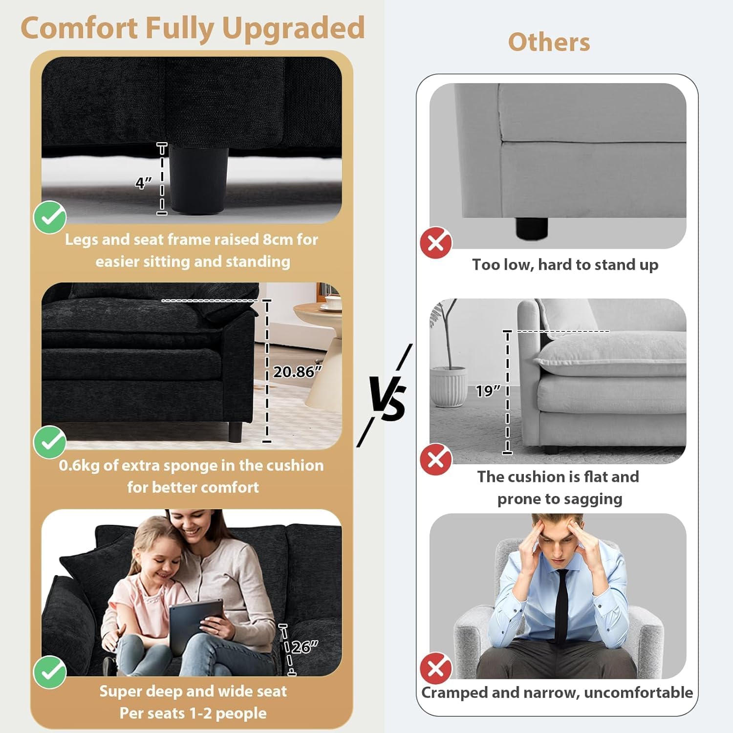 Linyuanwai Oversized Modular Sectional Sofa 80" L-Shaped Cloud Couch Set Chenille Black